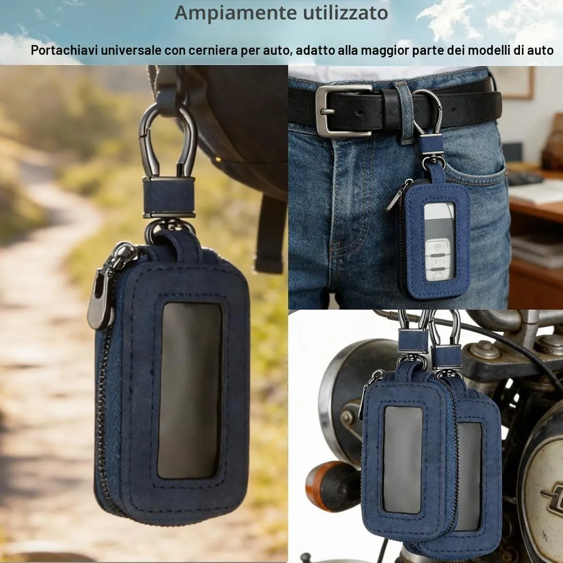 Custodia in Pelle per Chiave dell'auto, Portachiavi in Pelle, con Gancio in Metallo e Cerniera, con Finestra Trasparente, Blu (A) - immagine 6