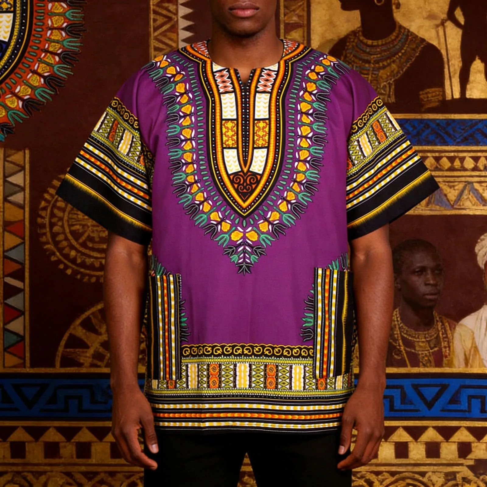 Mymyguoe Maglietta da uomo africana Dashiki Colorata Hippie Festival Abbigliamento Estivo Africa Style Dashiki Tee Shirt Stampa Floreale Camicia Tradizionale Africana Dashiki, Lilla, XL - immagine 2