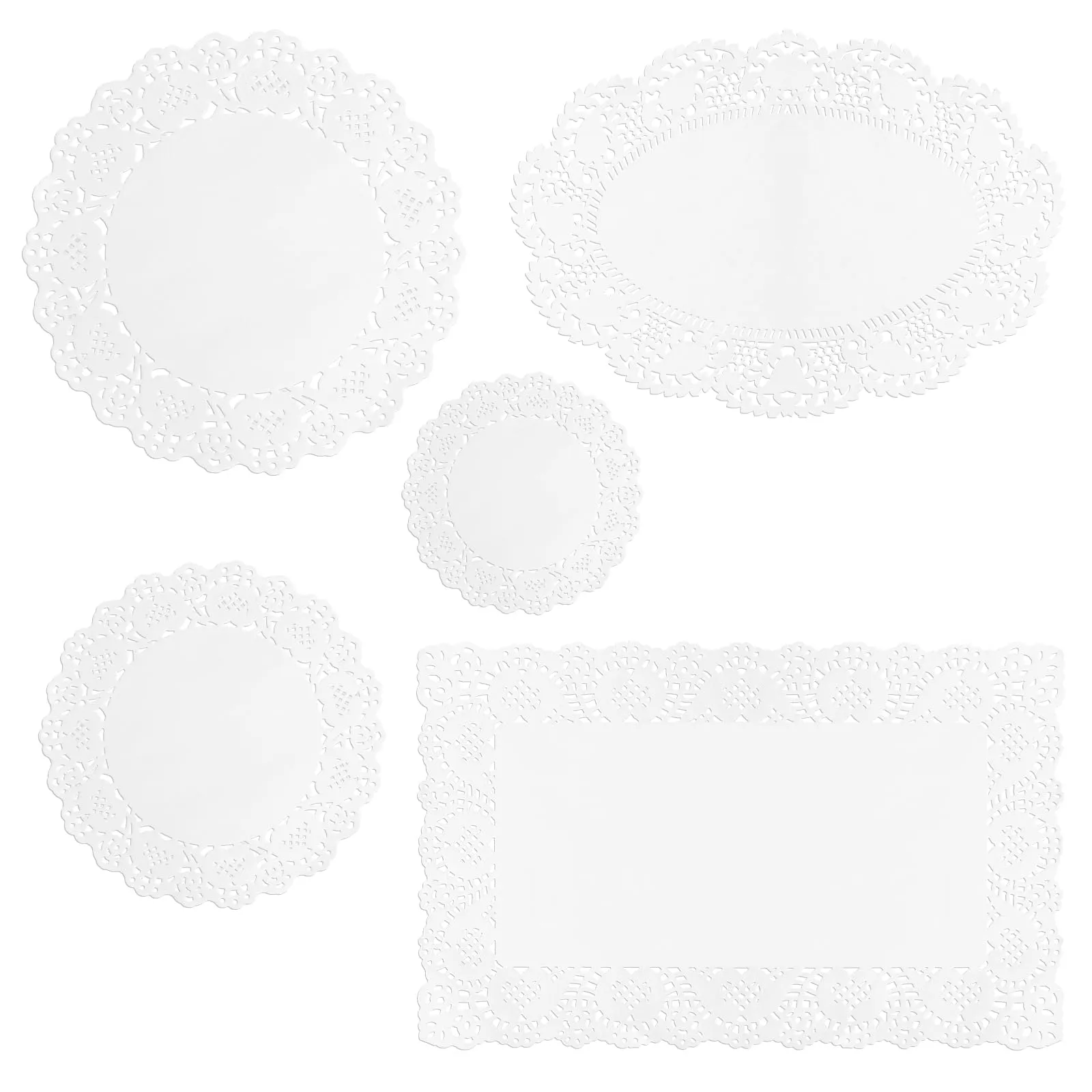 Centrini di Carta in Pizzo 250 Pezzi - Set da 5 Formati Rotondi, Ovali e Rettangolari - Centrini Carta Pizzo Monouso per Dolci, Torte, Decorazione Tavola e Fai-da-te - immagine 1