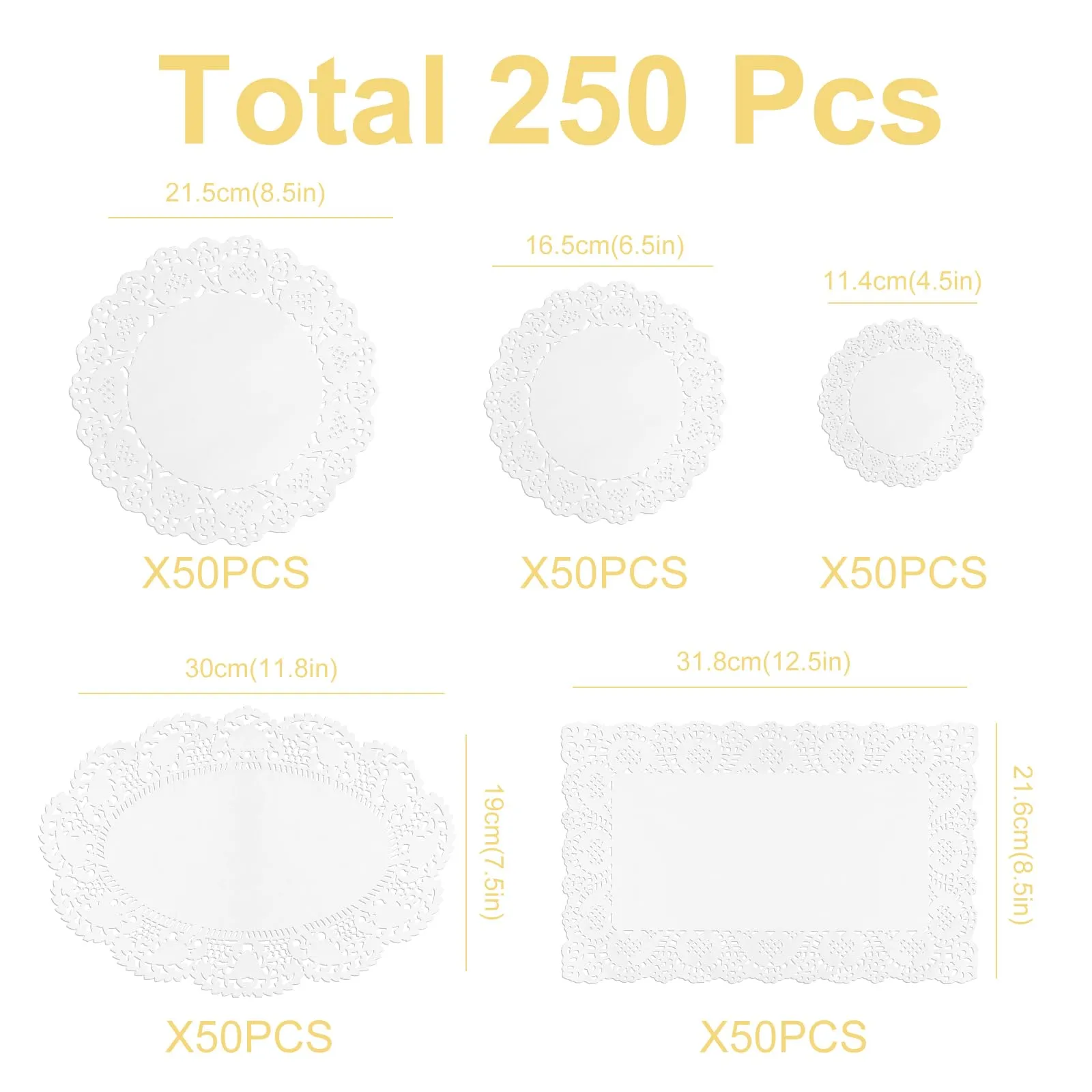 Centrini di Carta in Pizzo 250 Pezzi - Set da 5 Formati Rotondi, Ovali e Rettangolari - Centrini Carta Pizzo Monouso per Dolci, Torte, Decorazione Tavola e Fai-da-te - immagine 3