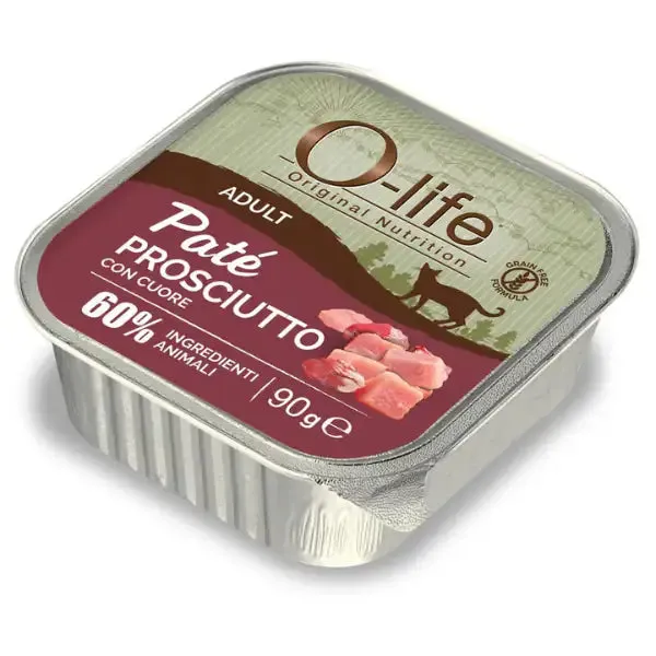 O-life Cat Adult Grain Free Patè +60% ingredienti animali 90 gr Prosciutto e cuore - Cibo umido per gatti - immagine 1