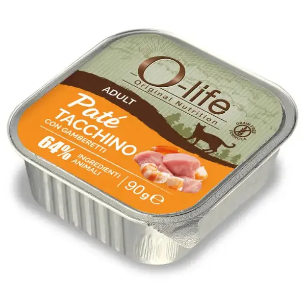 O-life Cat Adult Grain Free Patè +60% ingredienti animali 90 gr Tacchino e gamberetti - Cibo umido per gatti - immagine 1