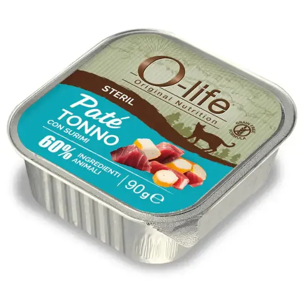 O-life Cat Sterilised Grain Free Patè +60% ingredienti animali 90 gr Tonno e surimi - Cibo umido per gatti - immagine 1