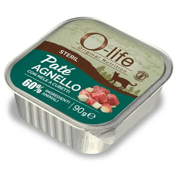 O-life Cat Sterilised Grain Free Patè +60% ingredienti animali 90 gr Agnello e mela - Cibo umido per gatti - immagine 1