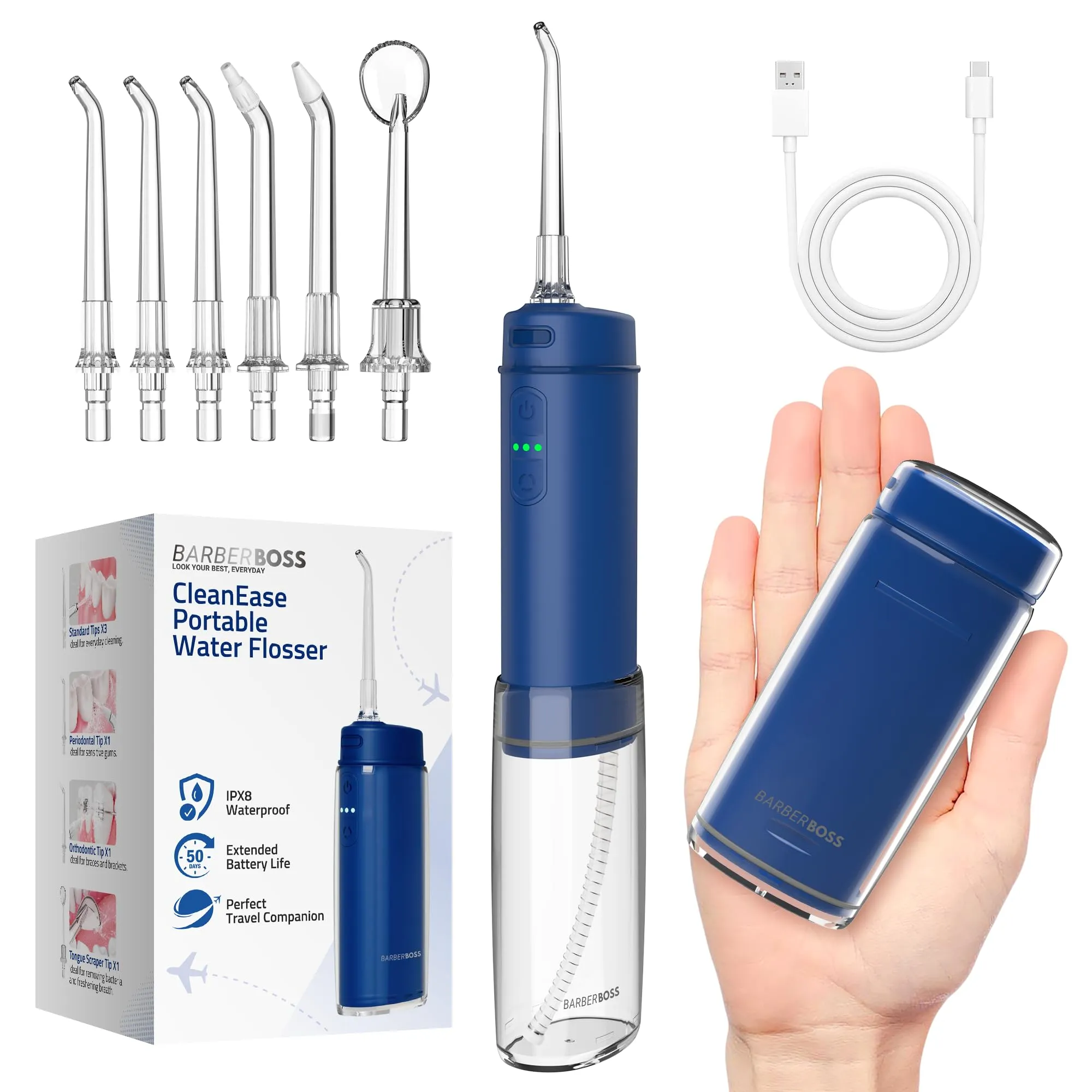 BarberBoss Flosser tascabile, irrigatore orale portatile per denti, 6 punte intercambiabili e design ricaricabile USB-C, idropulsore da viaggio con 3 modalità di pressione, QR-7116 (blu navy) - immagine 1