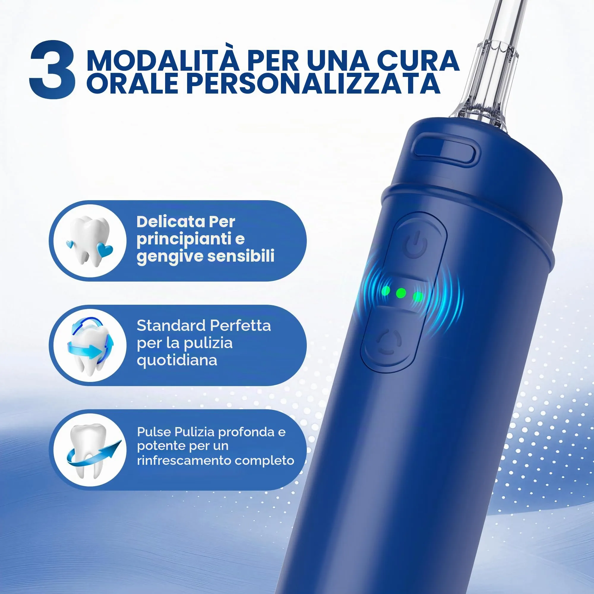 BarberBoss Flosser tascabile, irrigatore orale portatile per denti, 6 punte intercambiabili e design ricaricabile USB-C, idropulsore da viaggio con 3 modalità di pressione, QR-7116 (blu navy) - immagine 2
