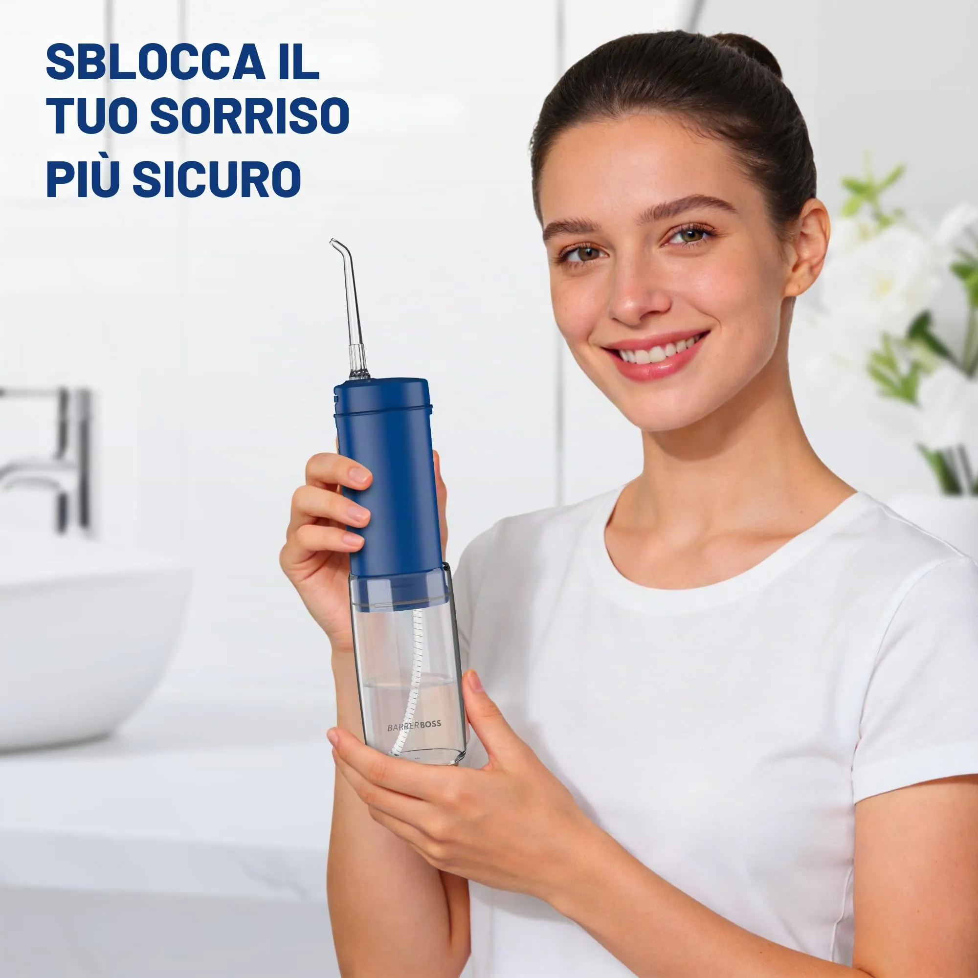 BarberBoss Flosser tascabile, irrigatore orale portatile per denti, 6 punte intercambiabili e design ricaricabile USB-C, idropulsore da viaggio con 3 modalità di pressione, QR-7116 (blu navy) - immagine 3