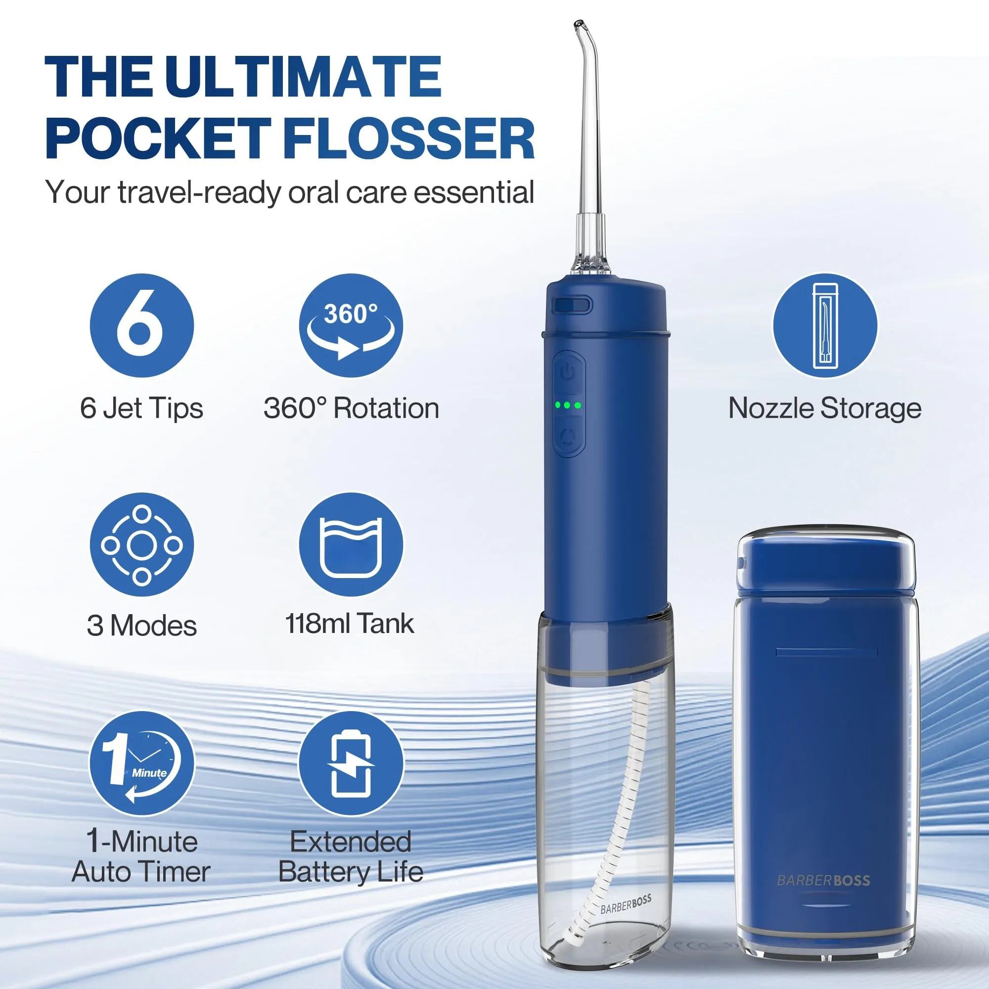BarberBoss Flosser tascabile, irrigatore orale portatile per denti, 6 punte intercambiabili e design ricaricabile USB-C, idropulsore da viaggio con 3 modalità di pressione, QR-7116 (blu navy) - immagine 4