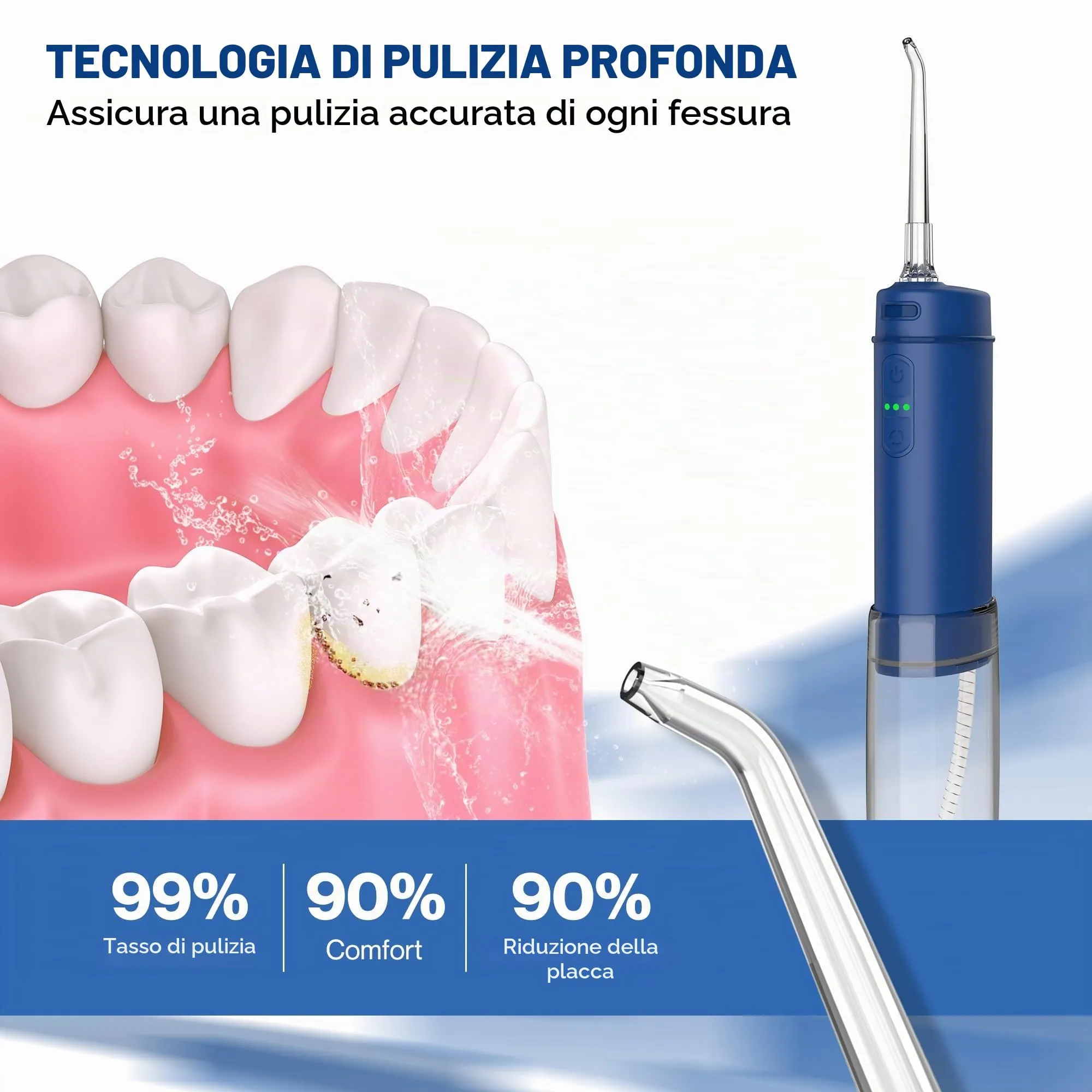 BarberBoss Flosser tascabile, irrigatore orale portatile per denti, 6 punte intercambiabili e design ricaricabile USB-C, idropulsore da viaggio con 3 modalità di pressione, QR-7116 (blu navy) - immagine 5