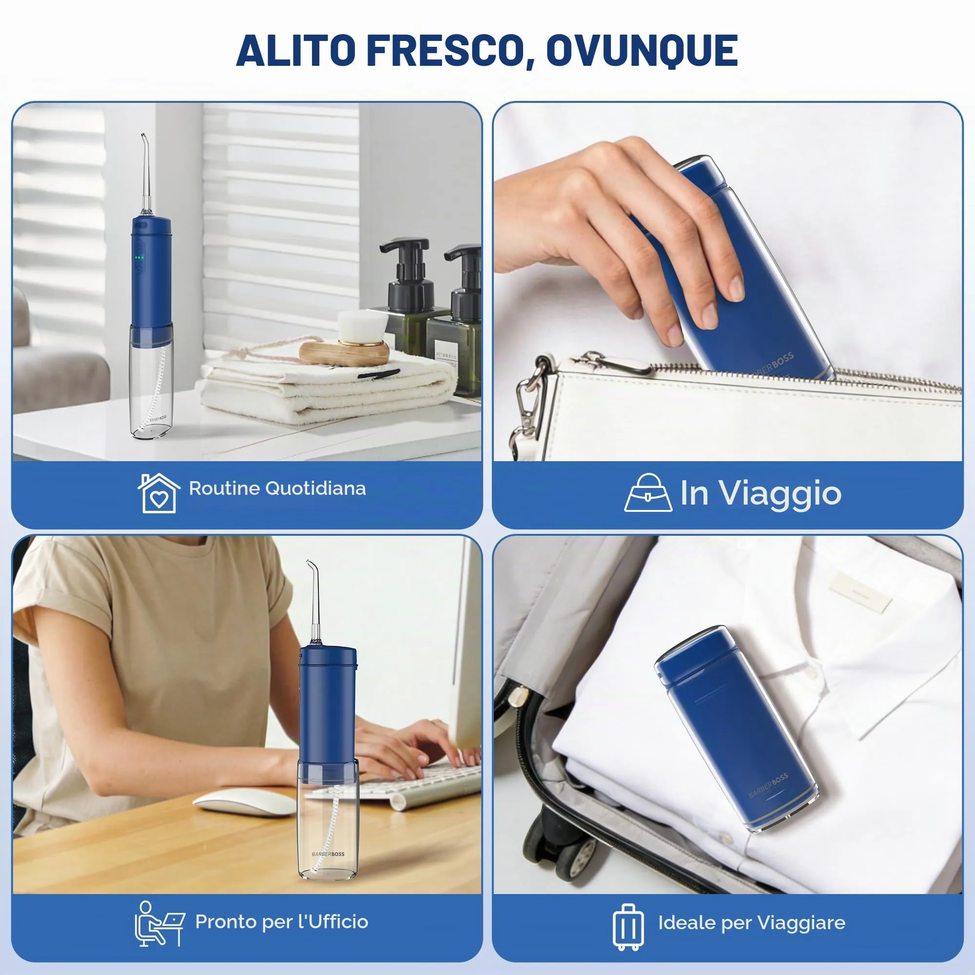 BarberBoss Flosser tascabile, irrigatore orale portatile per denti, 6 punte intercambiabili e design ricaricabile USB-C, idropulsore da viaggio con 3 modalità di pressione, QR-7116 (blu navy) - immagine 6