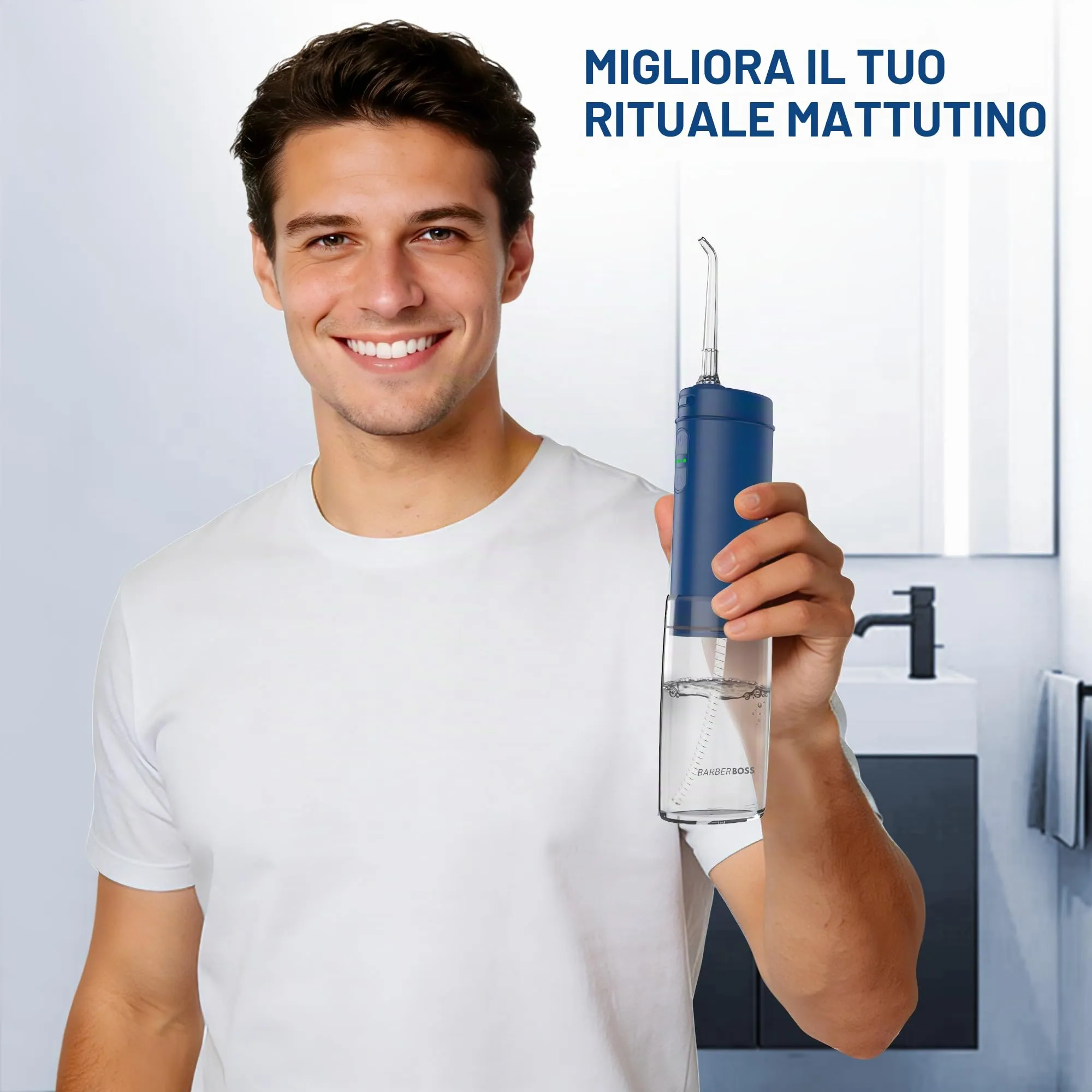 BarberBoss Flosser tascabile, irrigatore orale portatile per denti, 6 punte intercambiabili e design ricaricabile USB-C, idropulsore da viaggio con 3 modalità di pressione, QR-7116 (blu navy) - immagine 7