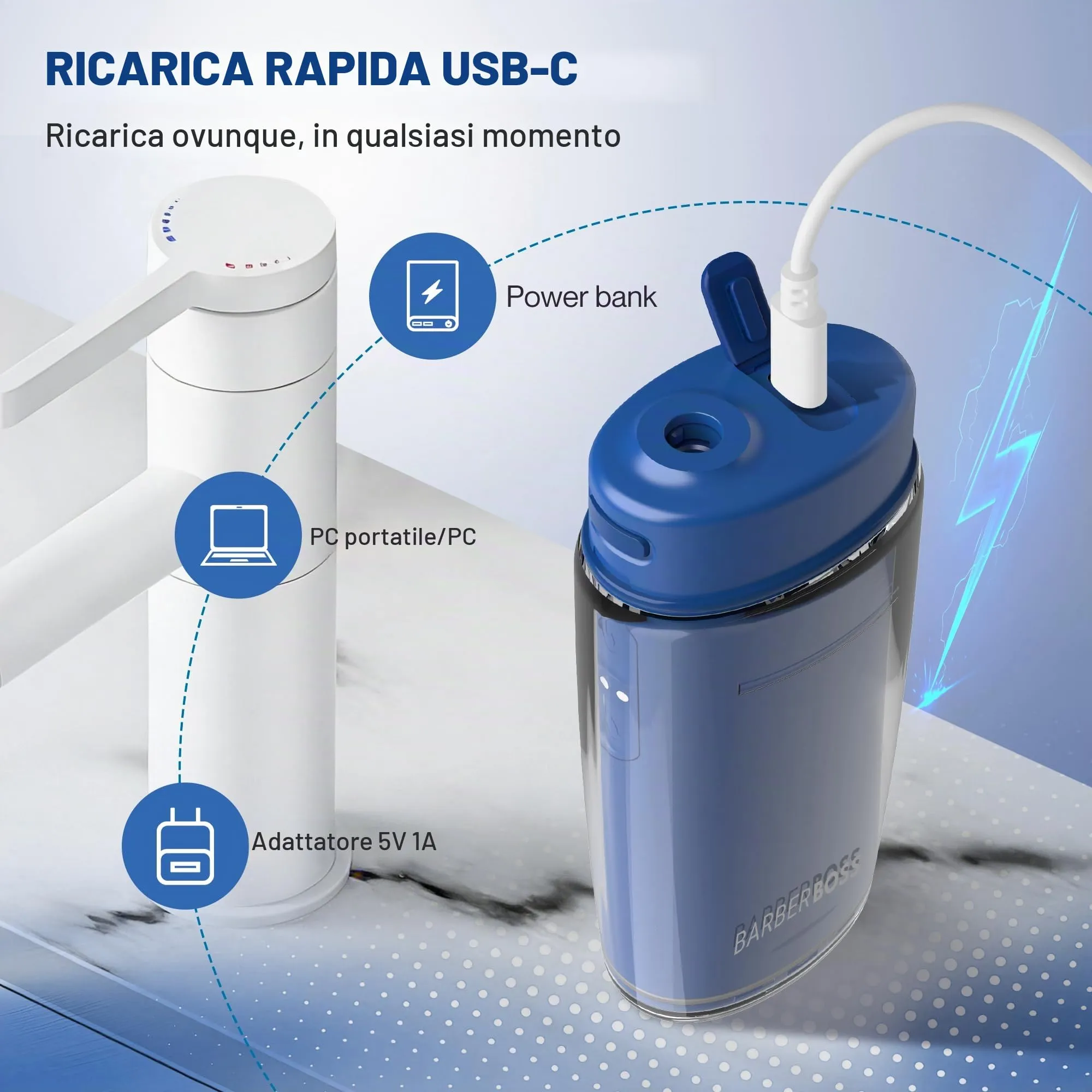 BarberBoss Flosser tascabile, irrigatore orale portatile per denti, 6 punte intercambiabili e design ricaricabile USB-C, idropulsore da viaggio con 3 modalità di pressione, QR-7116 (blu navy) - immagine 9