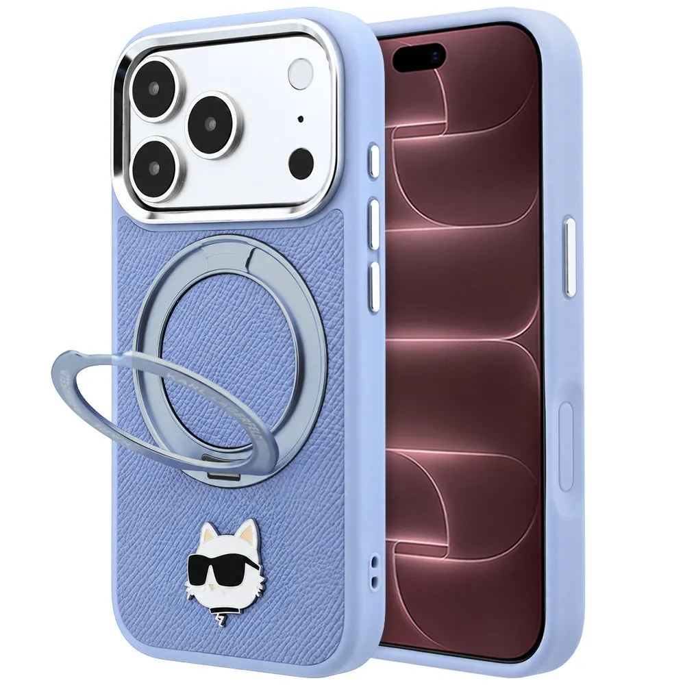 Custodia MagSafe per Apple iPhone 18 Pro Max / 17 Pro Max, Karl Lagerfeld, Saffiano Ring Stand 360 Choupette Pin, Blu - immagine 1