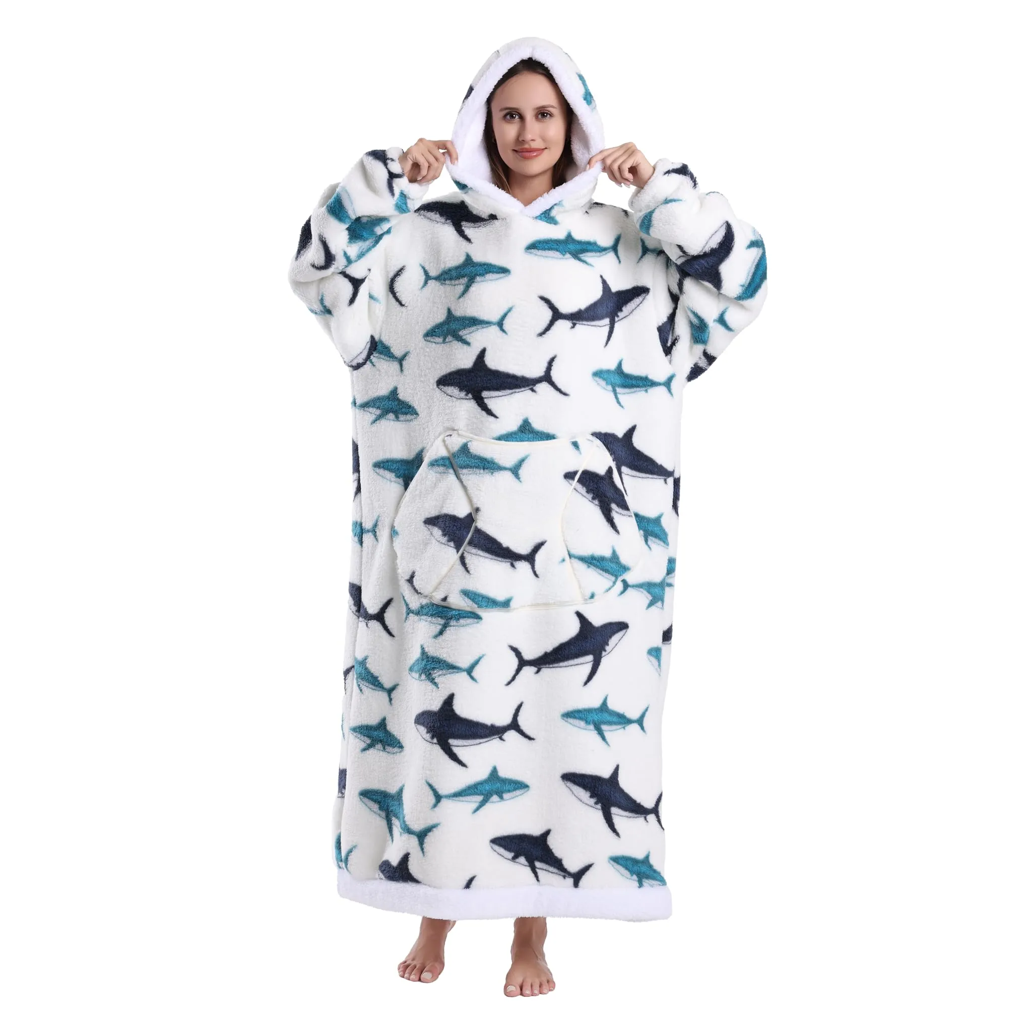 Yzehomijia Coperta portatile con cappuccio, per donne e adulti, coperta con maniche, morbida e calda da indossare come regalo per fidanzata, mamma o mamma koala (Shark) - immagine 1