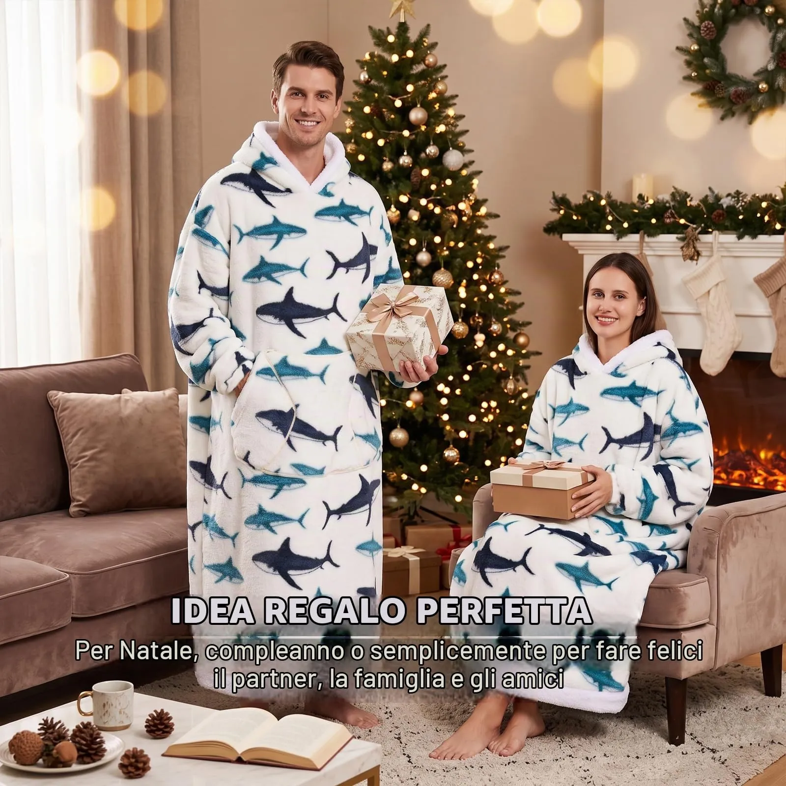 Yzehomijia Coperta portatile con cappuccio, per donne e adulti, coperta con maniche, morbida e calda da indossare come regalo per fidanzata, mamma o mamma koala (Shark) - immagine 2