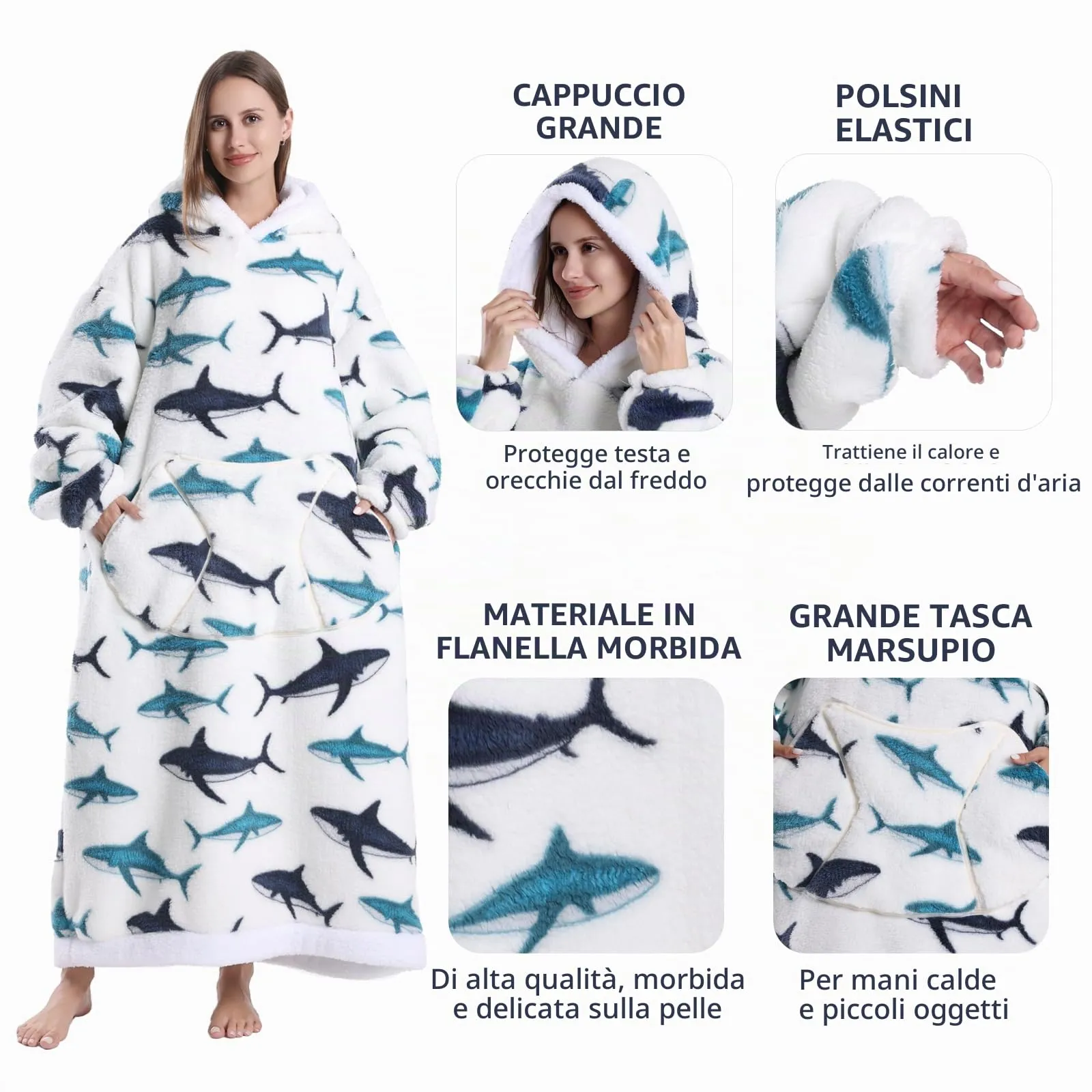 Yzehomijia Coperta portatile con cappuccio, per donne e adulti, coperta con maniche, morbida e calda da indossare come regalo per fidanzata, mamma o mamma koala (Shark) - immagine 4