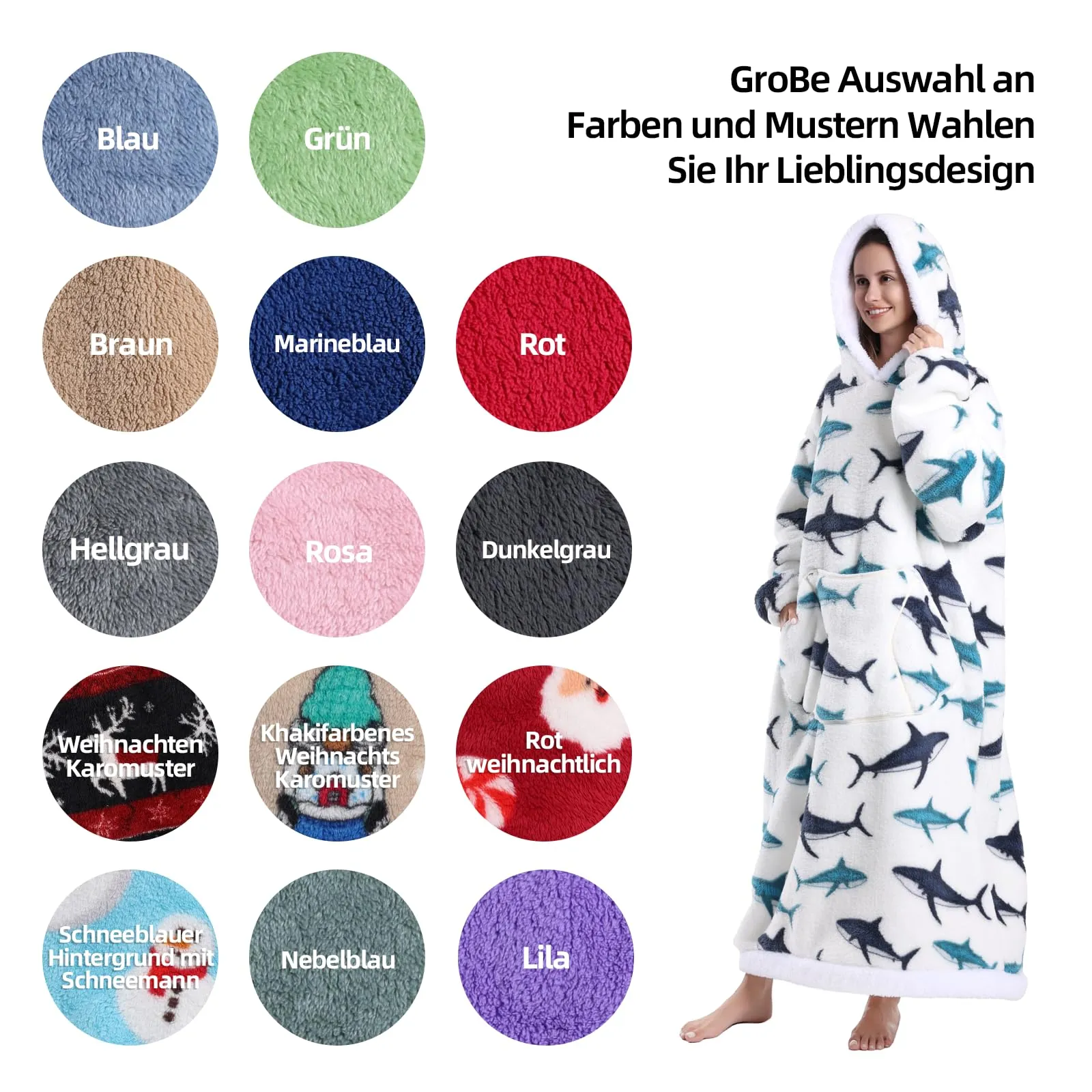 Yzehomijia Coperta portatile con cappuccio, per donne e adulti, coperta con maniche, morbida e calda da indossare come regalo per fidanzata, mamma o mamma koala (Shark) - immagine 5