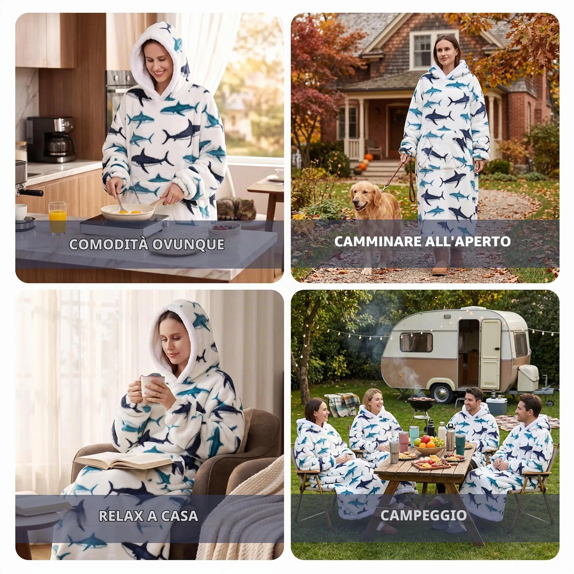 Yzehomijia Coperta portatile con cappuccio, per donne e adulti, coperta con maniche, morbida e calda da indossare come regalo per fidanzata, mamma o mamma koala (Shark) - immagine 6