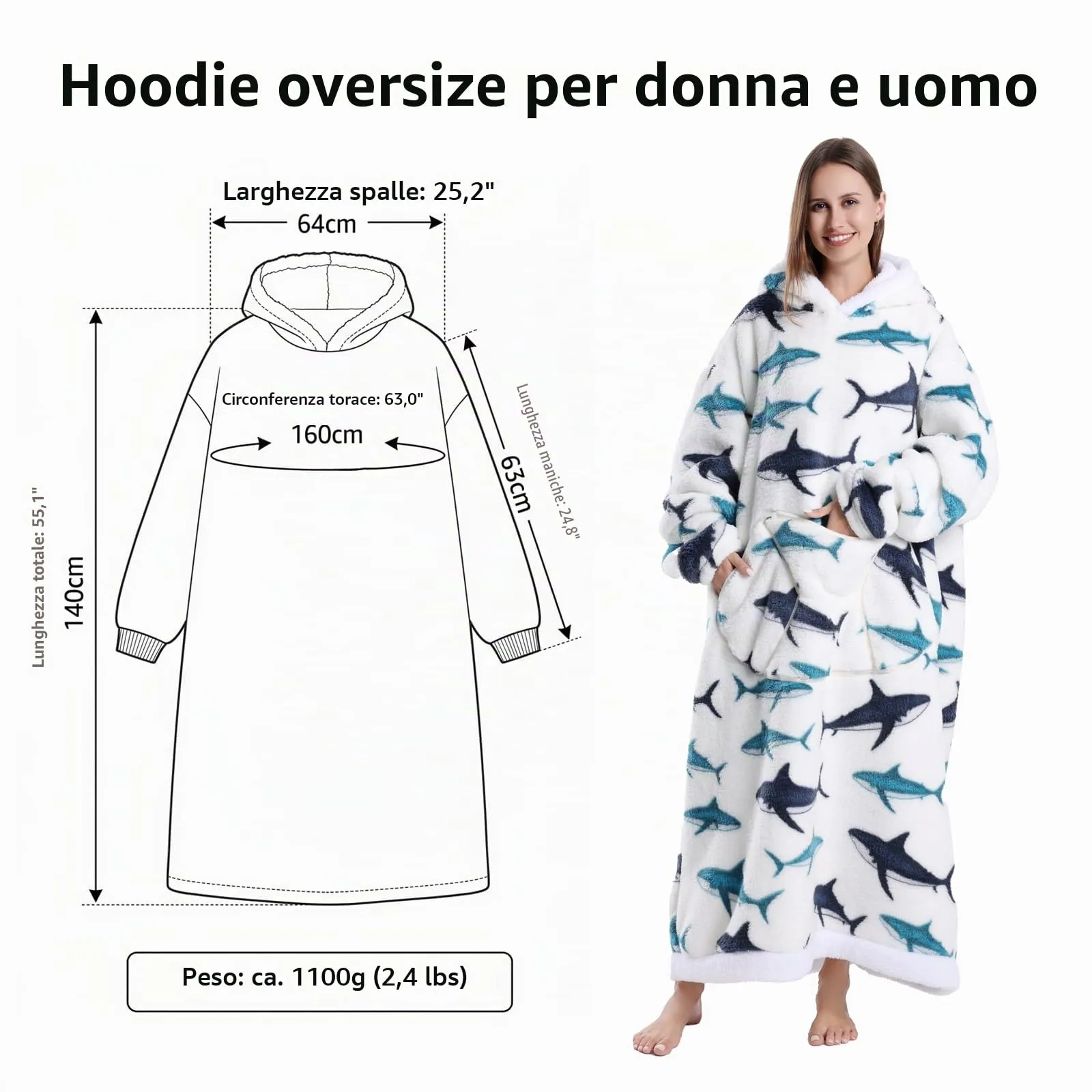 Yzehomijia Coperta portatile con cappuccio, per donne e adulti, coperta con maniche, morbida e calda da indossare come regalo per fidanzata, mamma o mamma koala (Shark) - immagine 7