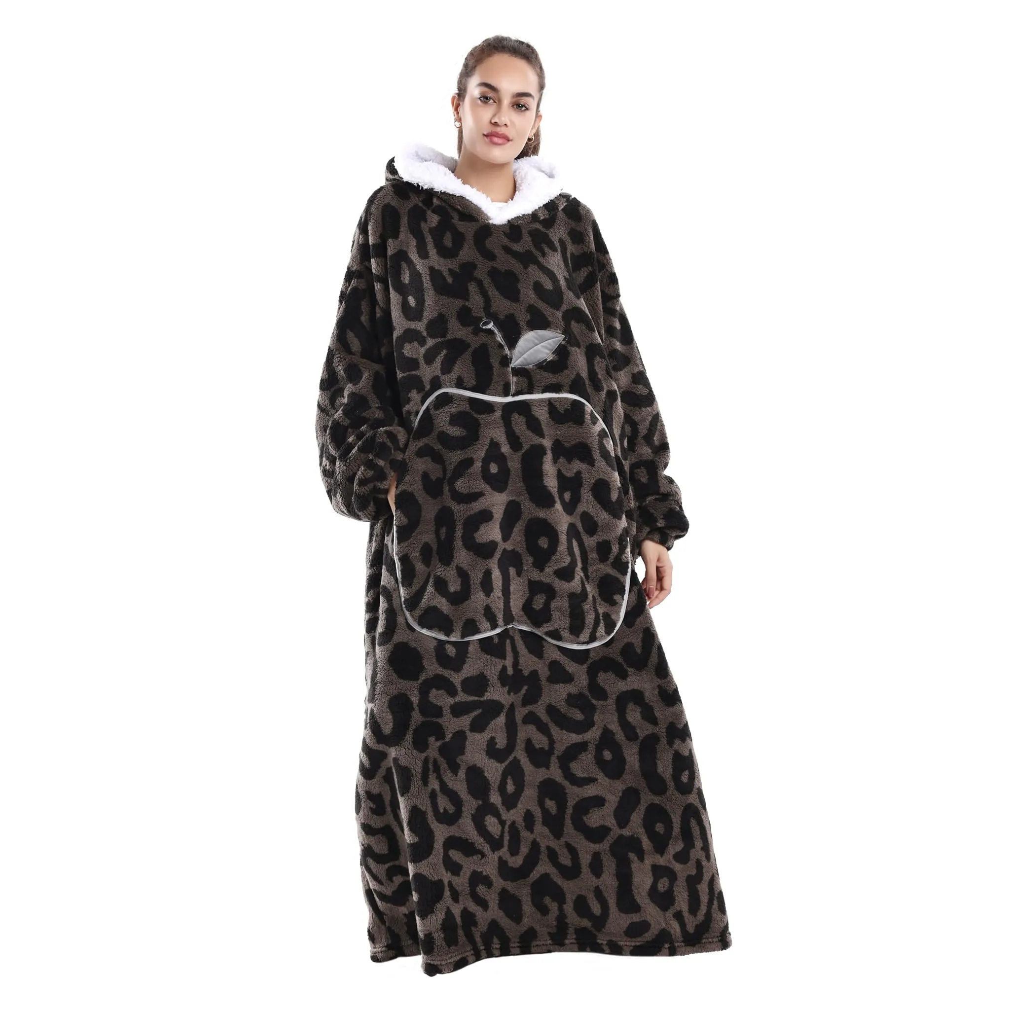 Yzehomijia Coperta portatile con cappuccio, per donne e adulti, coperta con maniche, morbida e calda da indossare come regalo per fidanzata, mamma o mamma koala (Brown Leopard Print) - immagine 1