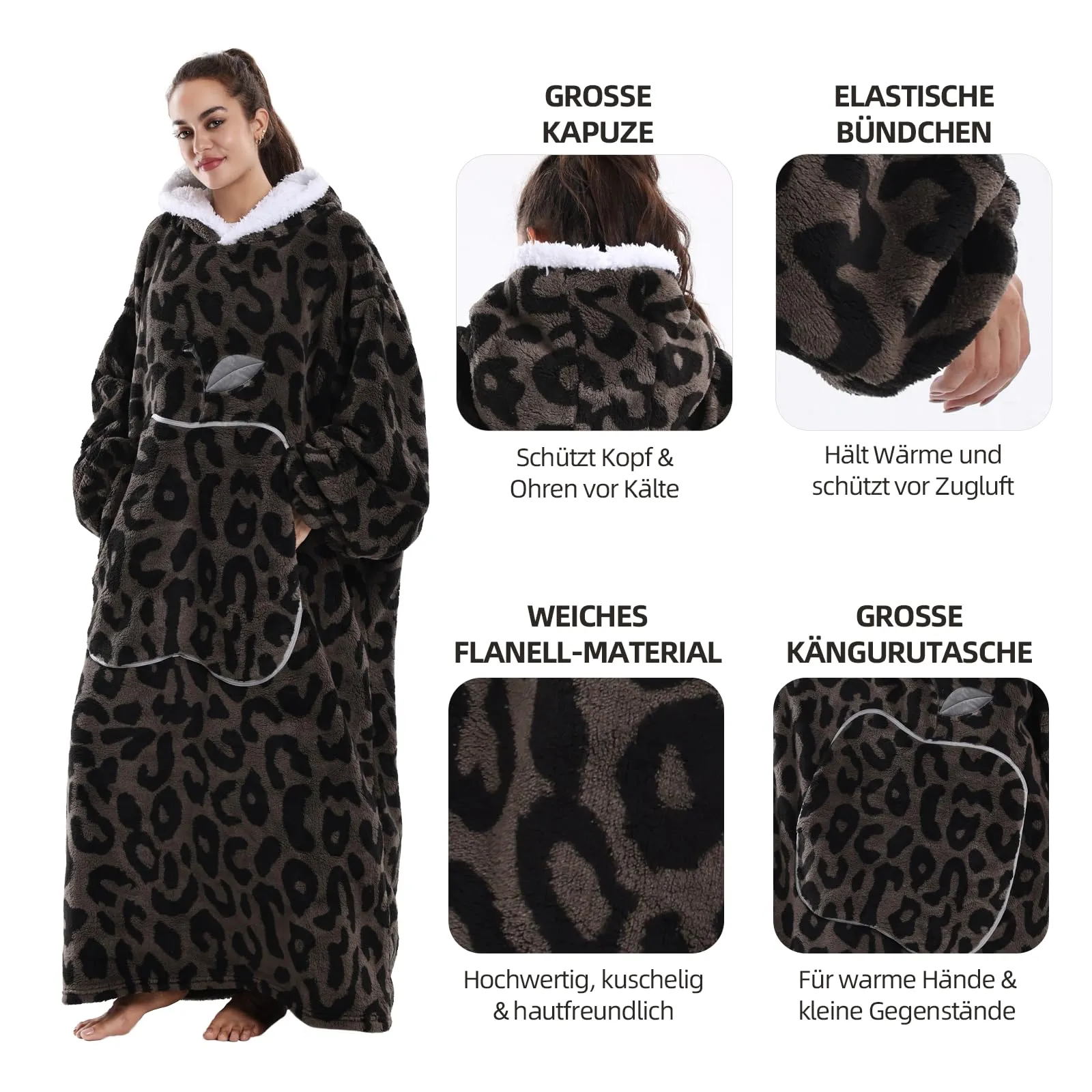 Yzehomijia Coperta portatile con cappuccio, per donne e adulti, coperta con maniche, morbida e calda da indossare come regalo per fidanzata, mamma o mamma koala (Brown Leopard Print) - immagine 4