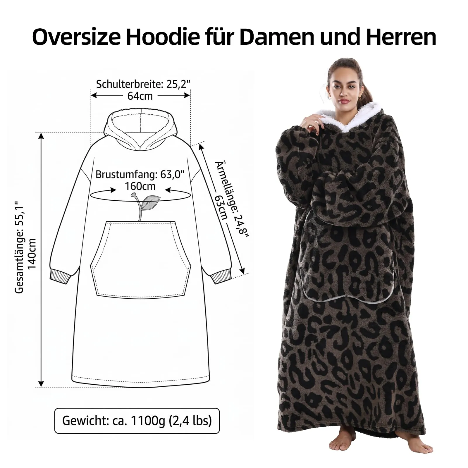 Yzehomijia Coperta portatile con cappuccio, per donne e adulti, coperta con maniche, morbida e calda da indossare come regalo per fidanzata, mamma o mamma koala (Brown Leopard Print) - immagine 7