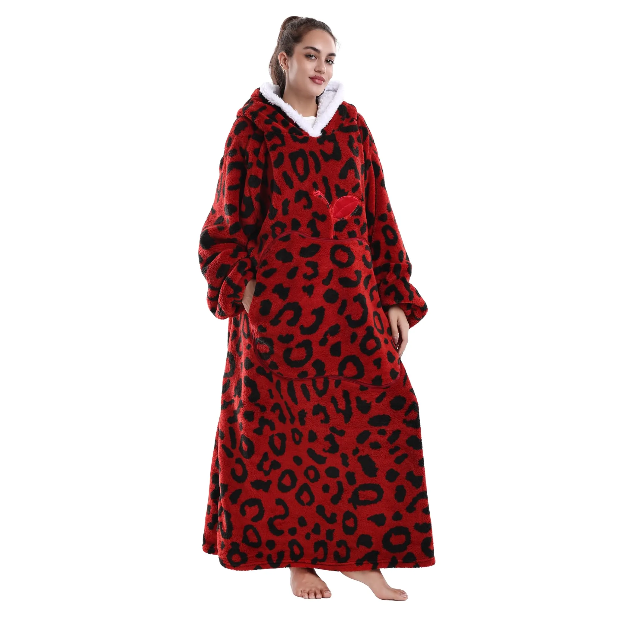 Yzehomijia Coperta portatile con cappuccio, per donne e adulti, coperta con maniche, morbida e calda da indossare come regalo per fidanzata, mamma o mamma koala (Red Leopard Print) - immagine 1