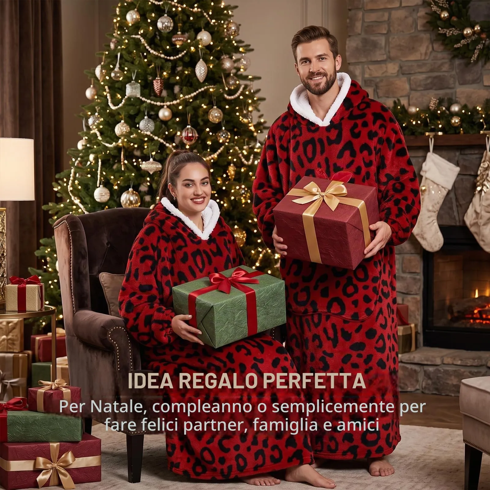Yzehomijia Coperta portatile con cappuccio, per donne e adulti, coperta con maniche, morbida e calda da indossare come regalo per fidanzata, mamma o mamma koala (Red Leopard Print) - immagine 2