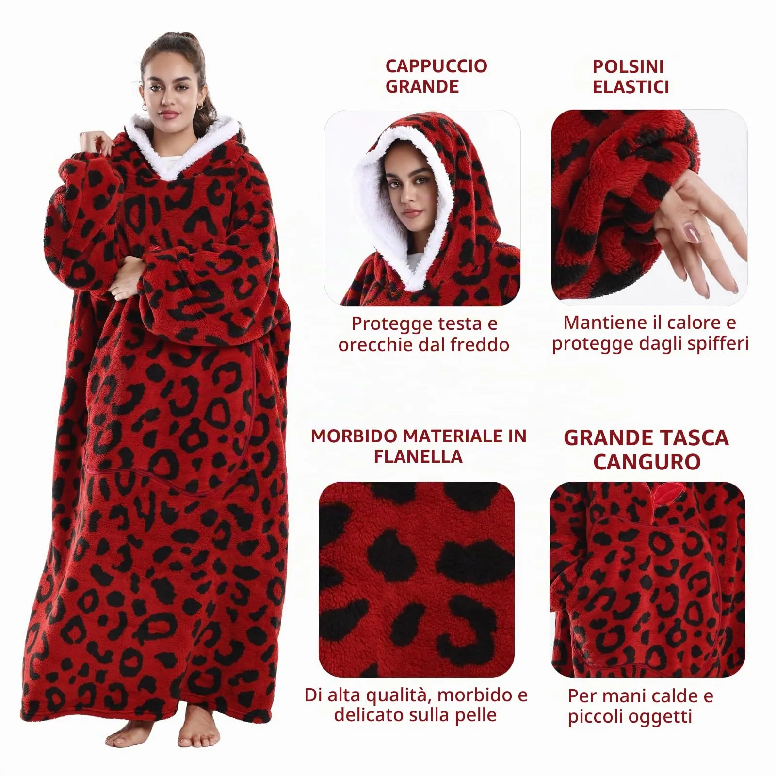 Yzehomijia Coperta portatile con cappuccio, per donne e adulti, coperta con maniche, morbida e calda da indossare come regalo per fidanzata, mamma o mamma koala (Red Leopard Print) - immagine 4