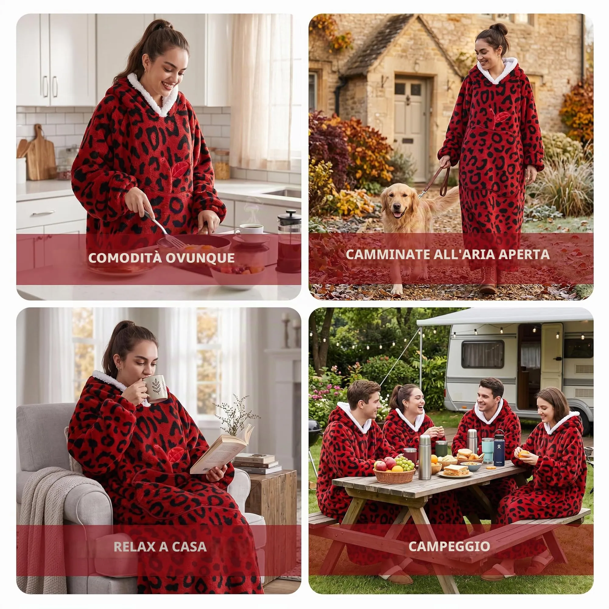 Yzehomijia Coperta portatile con cappuccio, per donne e adulti, coperta con maniche, morbida e calda da indossare come regalo per fidanzata, mamma o mamma koala (Red Leopard Print) - immagine 6