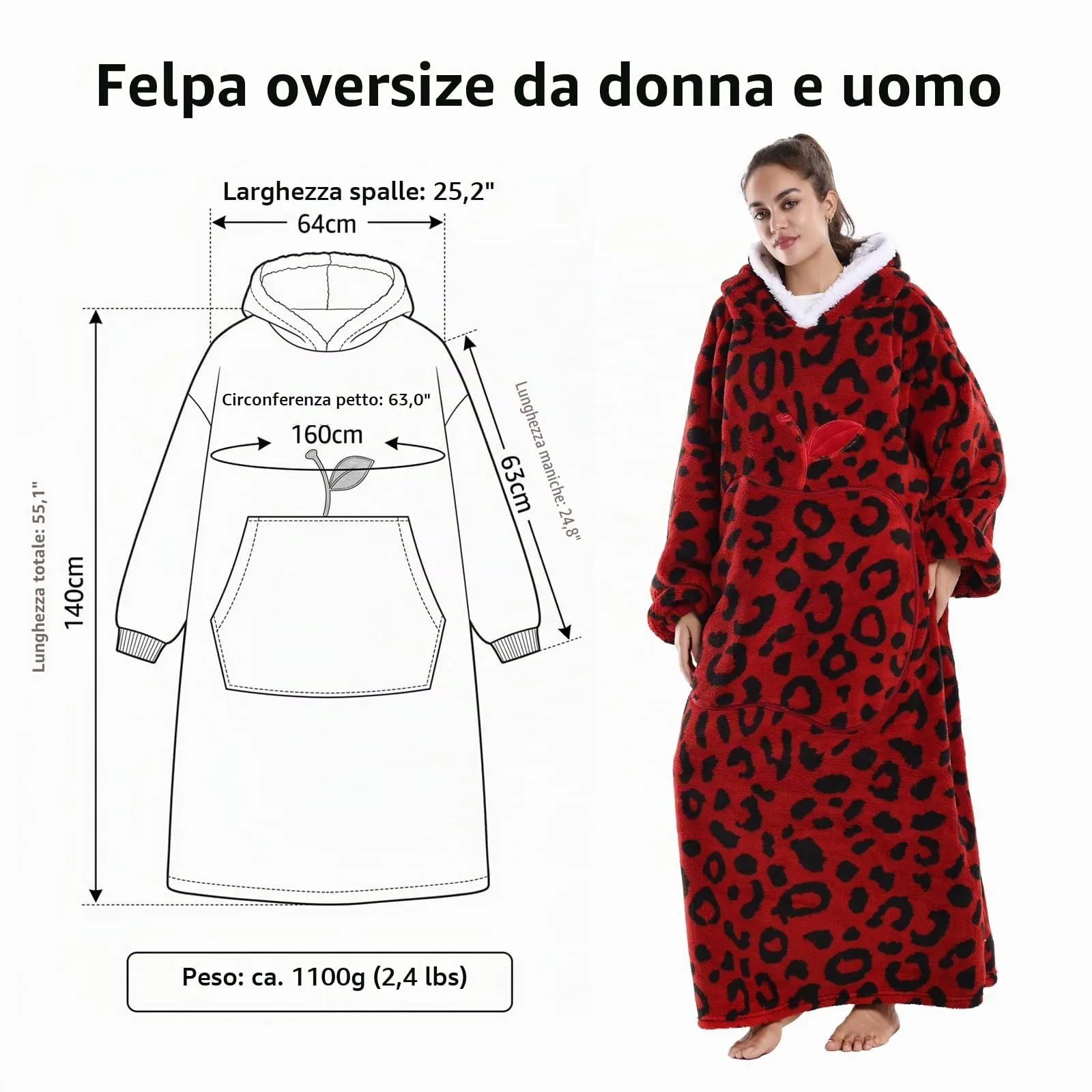 Yzehomijia Coperta portatile con cappuccio, per donne e adulti, coperta con maniche, morbida e calda da indossare come regalo per fidanzata, mamma o mamma koala (Red Leopard Print) - immagine 7