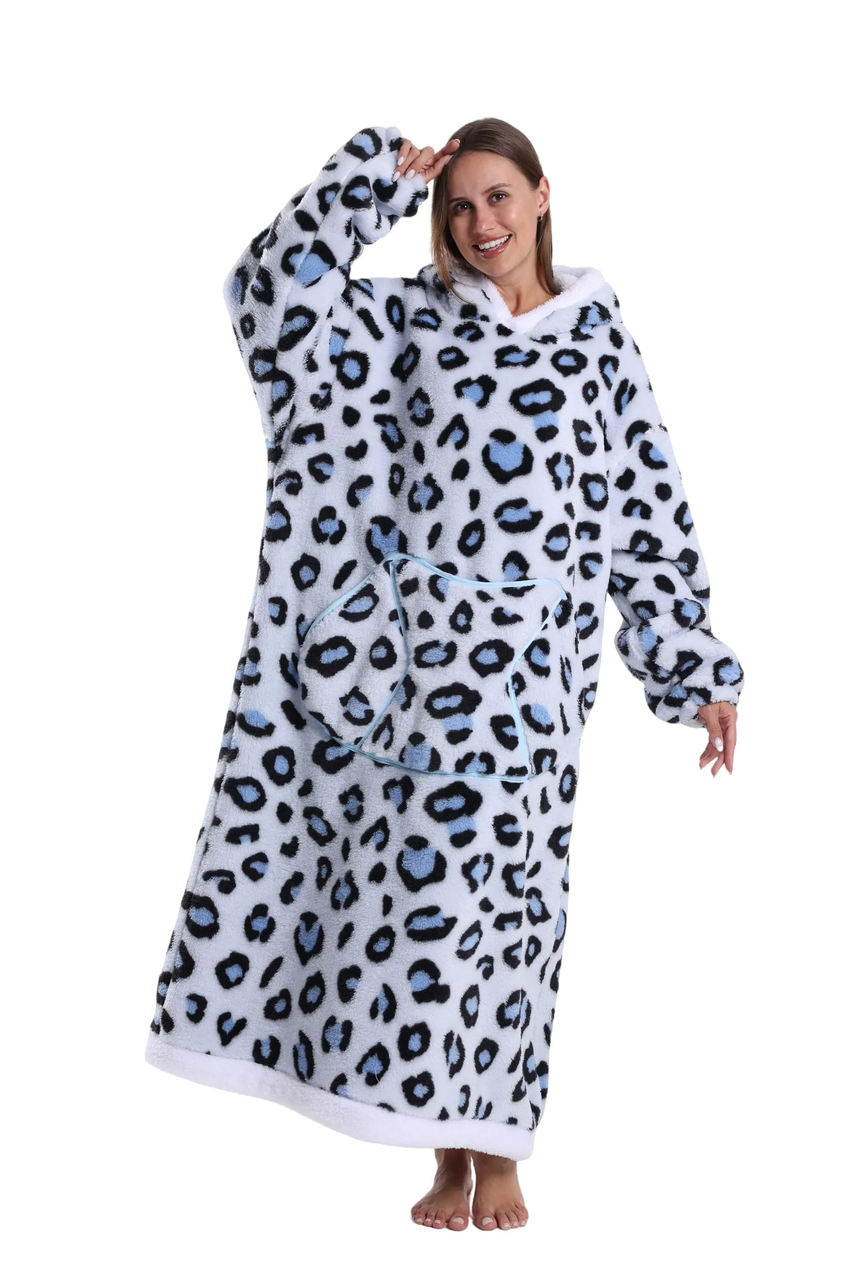 Yzehomijia Coperta portatile con cappuccio, per donne e adulti, coperta con maniche, morbida e calda da indossare come regalo per fidanzata, mamma o mamma koala (Grey Leopard Print) - immagine 1