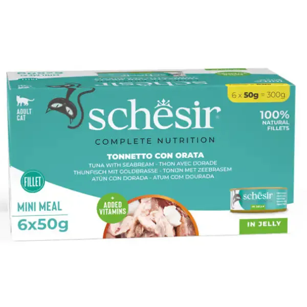 Schesir Cat Soft Adult filetti in gelatina alimento completo lattina Multipack 6x50 gr Tonnetto con Orata - immagine 1