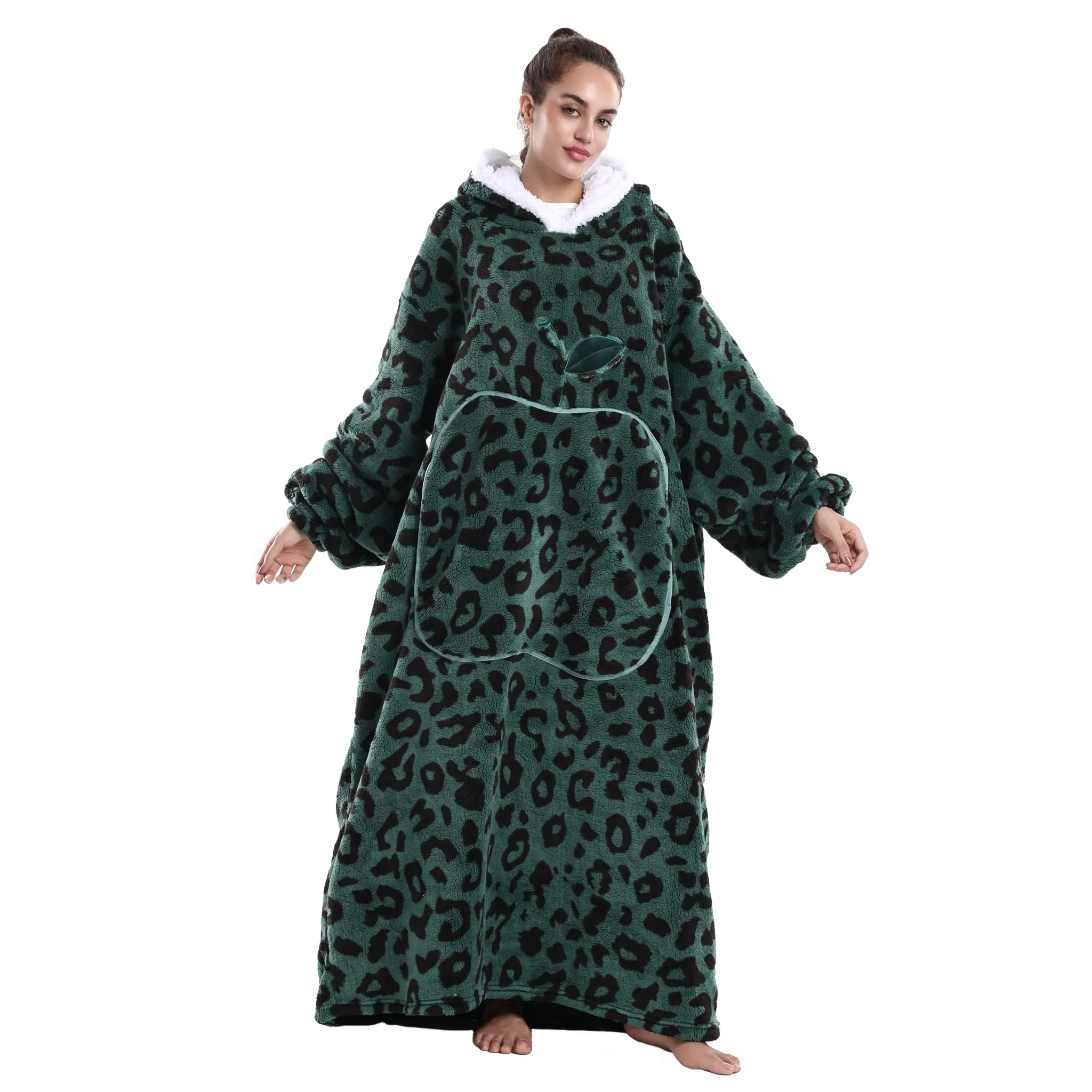 Yzehomijia Coperta portatile con cappuccio, per donne e adulti, coperta con maniche, morbida e calda da indossare come regalo per fidanzata, mamma o mamma koala (Green Leopard Print) - immagine 1