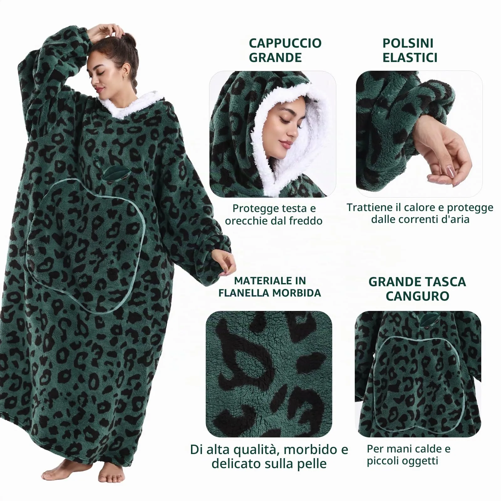 Yzehomijia Coperta portatile con cappuccio, per donne e adulti, coperta con maniche, morbida e calda da indossare come regalo per fidanzata, mamma o mamma koala (Green Leopard Print) - immagine 4