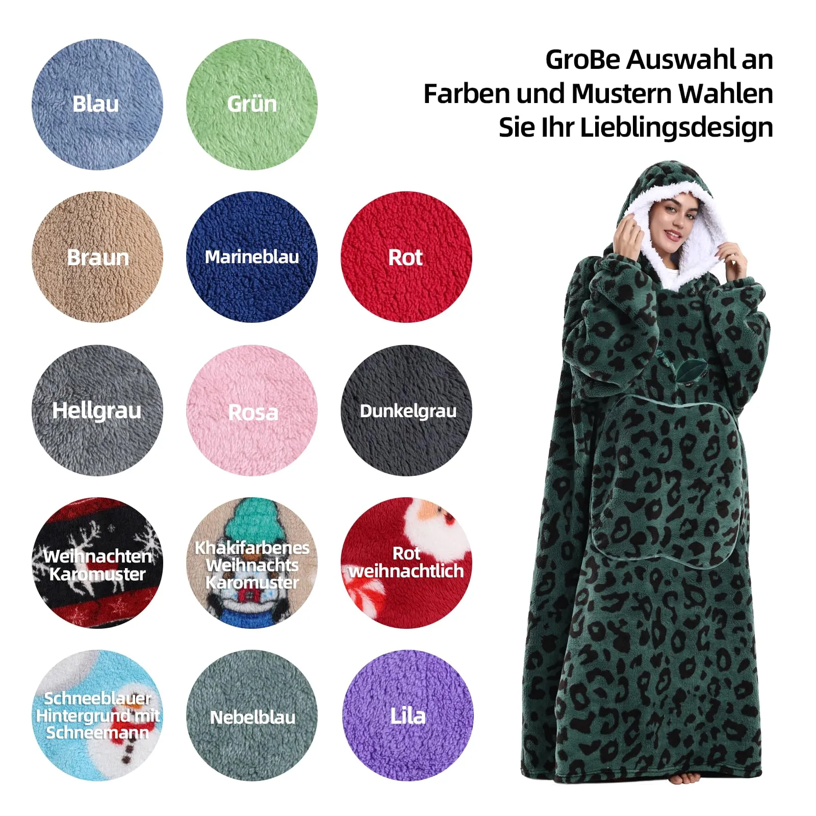 Yzehomijia Coperta portatile con cappuccio, per donne e adulti, coperta con maniche, morbida e calda da indossare come regalo per fidanzata, mamma o mamma koala (Green Leopard Print) - immagine 5