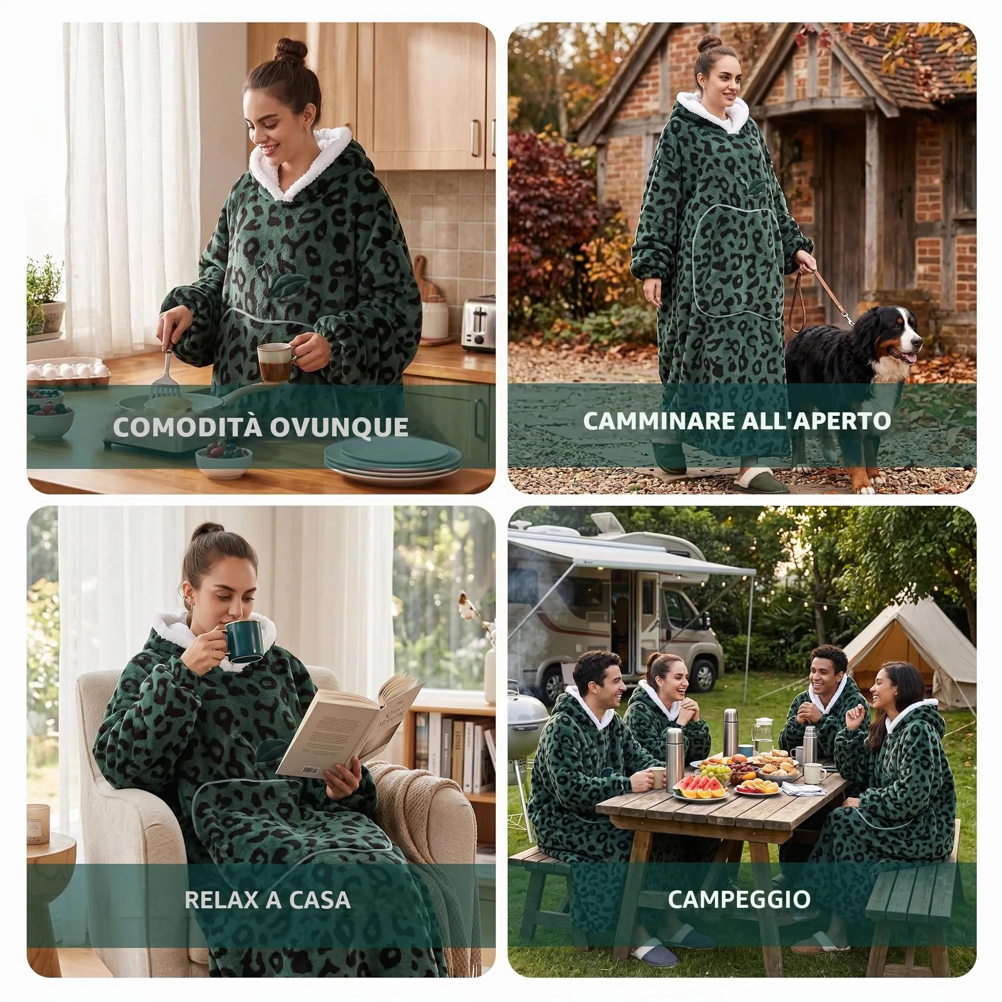 Yzehomijia Coperta portatile con cappuccio, per donne e adulti, coperta con maniche, morbida e calda da indossare come regalo per fidanzata, mamma o mamma koala (Green Leopard Print) - immagine 6