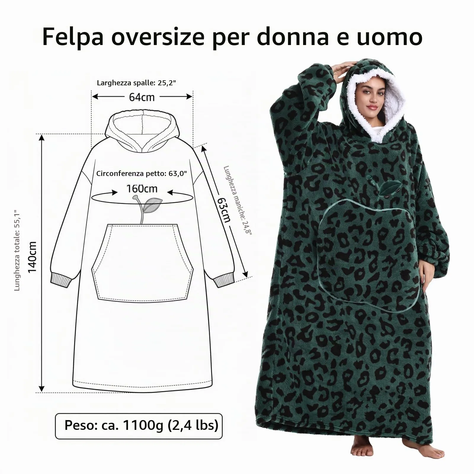 Yzehomijia Coperta portatile con cappuccio, per donne e adulti, coperta con maniche, morbida e calda da indossare come regalo per fidanzata, mamma o mamma koala (Green Leopard Print) - immagine 7