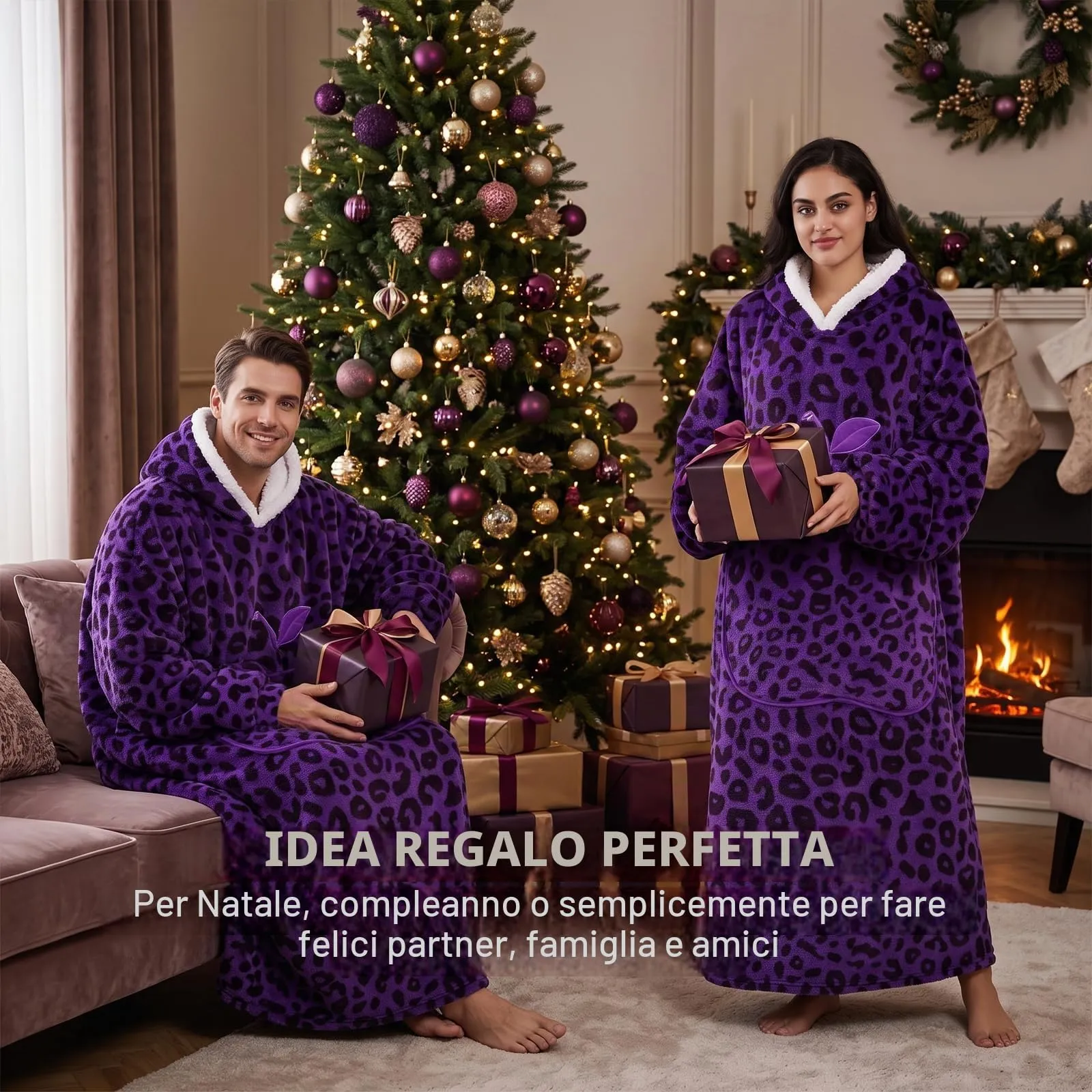 Yzehomijia Coperta portatile con cappuccio, per donne e adulti, coperta con maniche, morbida e calda da indossare come regalo per fidanzata, mamma o mamma koala (Purple Leopard Print) - immagine 2