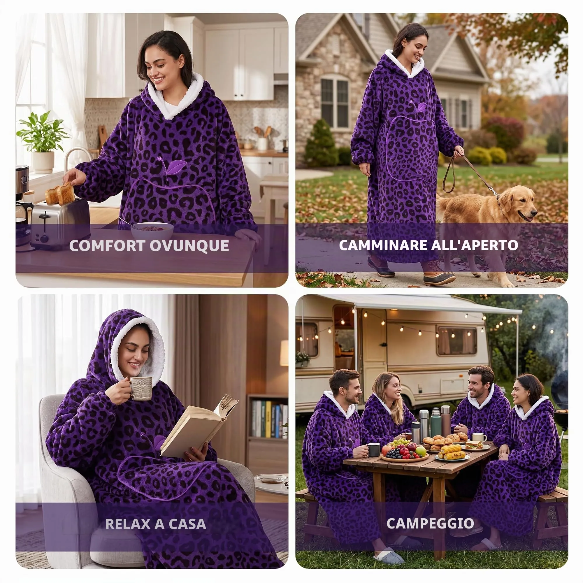 Yzehomijia Coperta portatile con cappuccio, per donne e adulti, coperta con maniche, morbida e calda da indossare come regalo per fidanzata, mamma o mamma koala (Purple Leopard Print) - immagine 6
