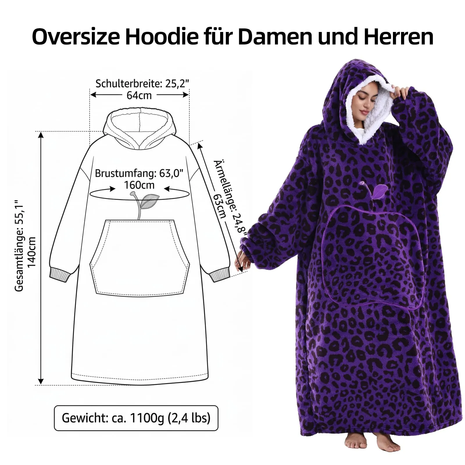Yzehomijia Coperta portatile con cappuccio, per donne e adulti, coperta con maniche, morbida e calda da indossare come regalo per fidanzata, mamma o mamma koala (Purple Leopard Print) - immagine 7