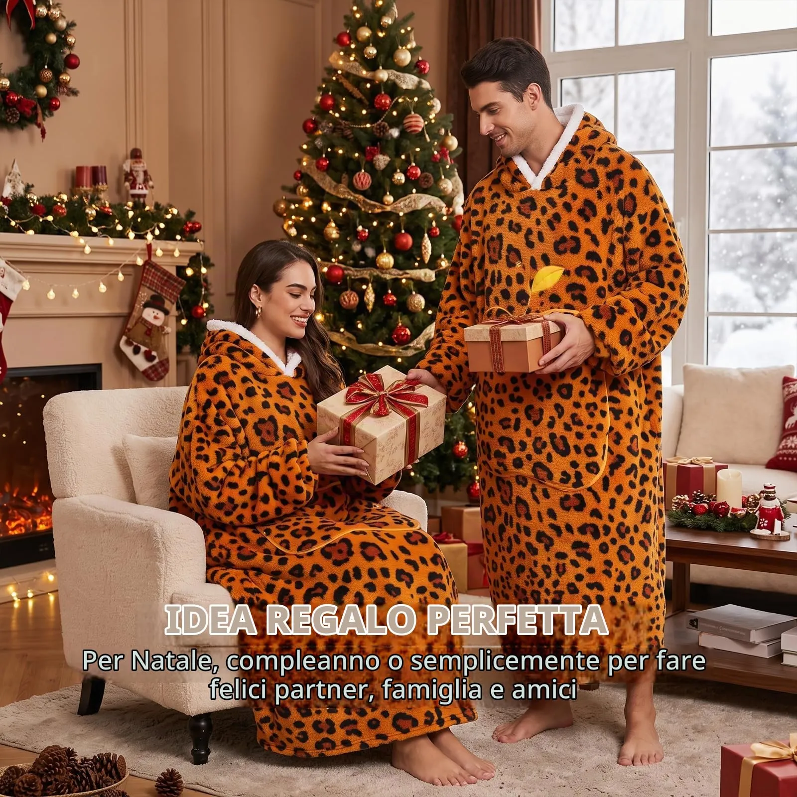 Yzehomijia Coperta portatile con cappuccio, per donne e adulti, coperta con maniche, morbida e calda da indossare come regalo per fidanzata, mamma o mamma koala (Orange Leopard Print) - immagine 2