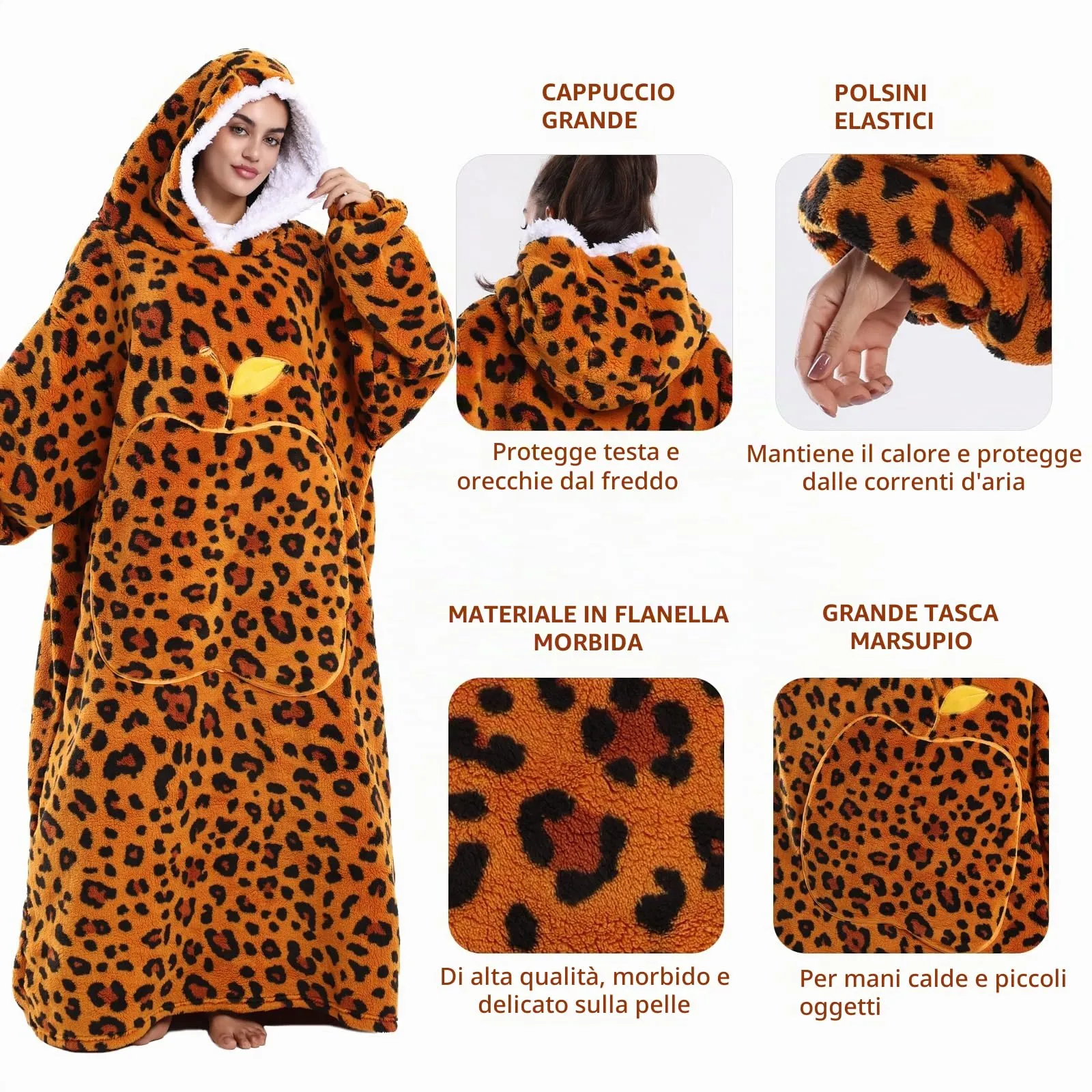 Yzehomijia Coperta portatile con cappuccio, per donne e adulti, coperta con maniche, morbida e calda da indossare come regalo per fidanzata, mamma o mamma koala (Orange Leopard Print) - immagine 4