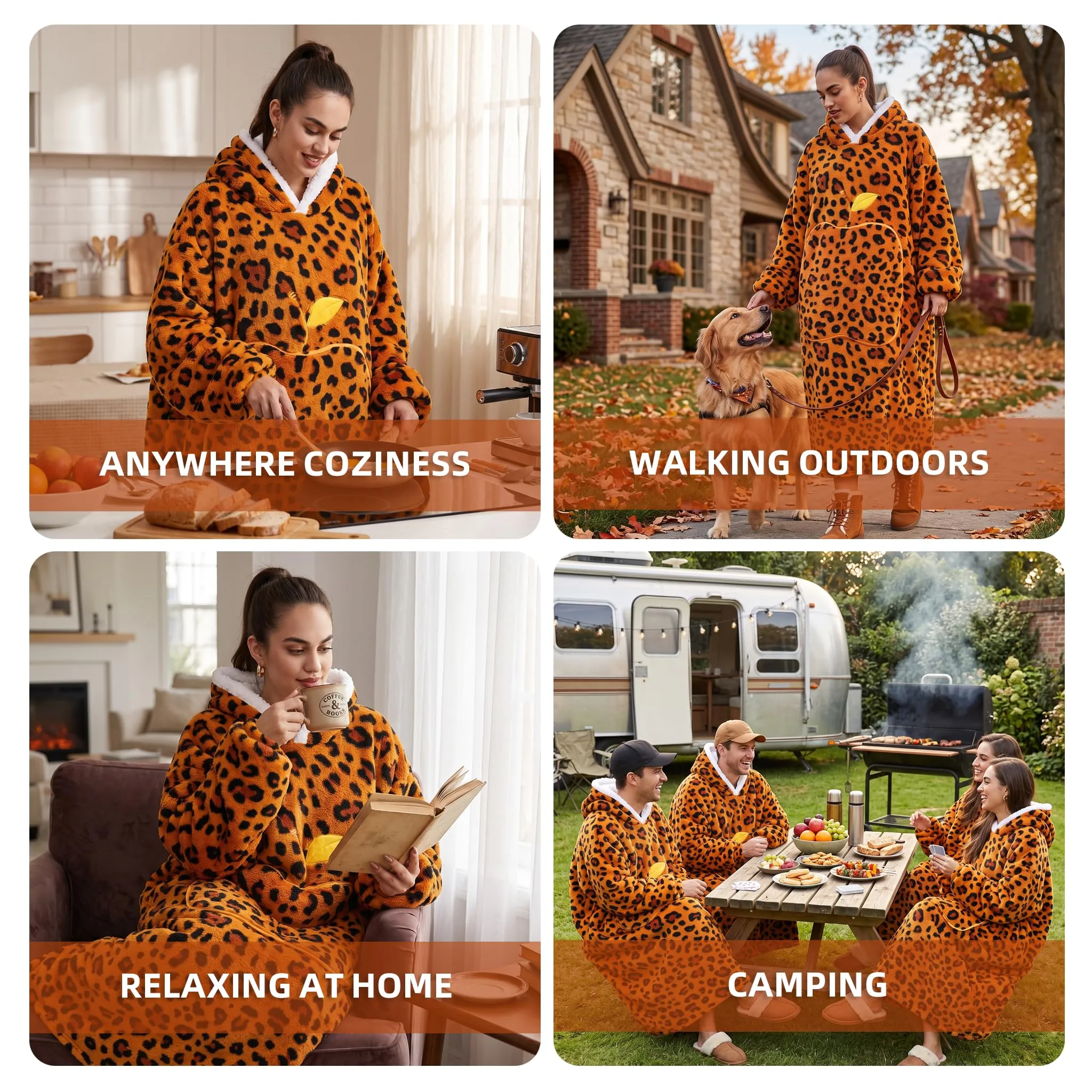 Yzehomijia Coperta portatile con cappuccio, per donne e adulti, coperta con maniche, morbida e calda da indossare come regalo per fidanzata, mamma o mamma koala (Orange Leopard Print) - immagine 6