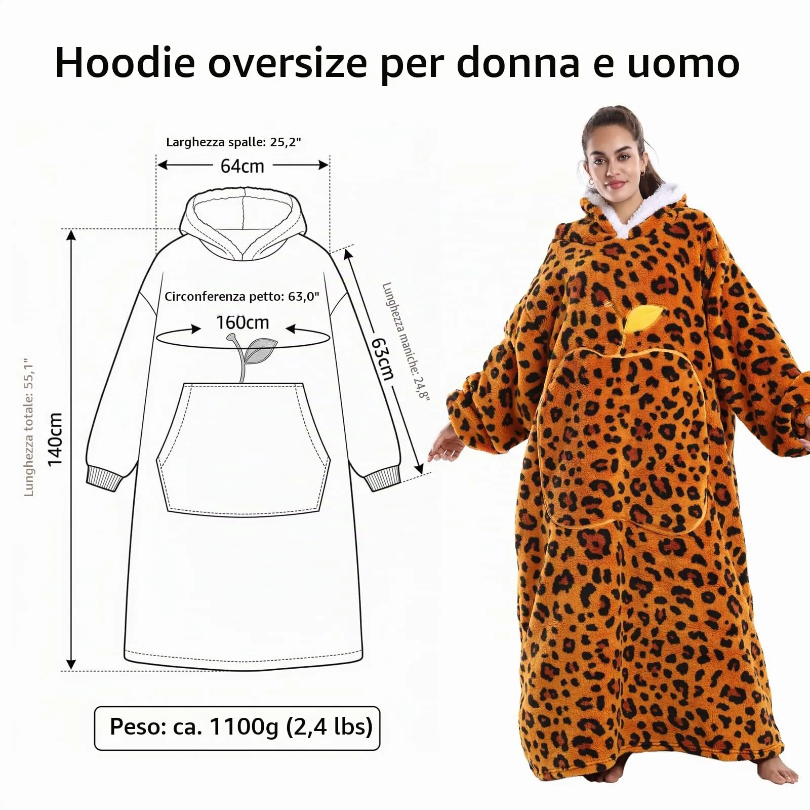 Yzehomijia Coperta portatile con cappuccio, per donne e adulti, coperta con maniche, morbida e calda da indossare come regalo per fidanzata, mamma o mamma koala (Orange Leopard Print) - immagine 7