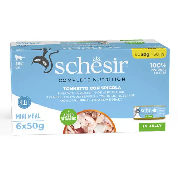 Schesir Cat Soft Adult filetti in gelatina alimento completo lattina Multipack 6x50 gr Tonnetto con Spigola - immagine 1