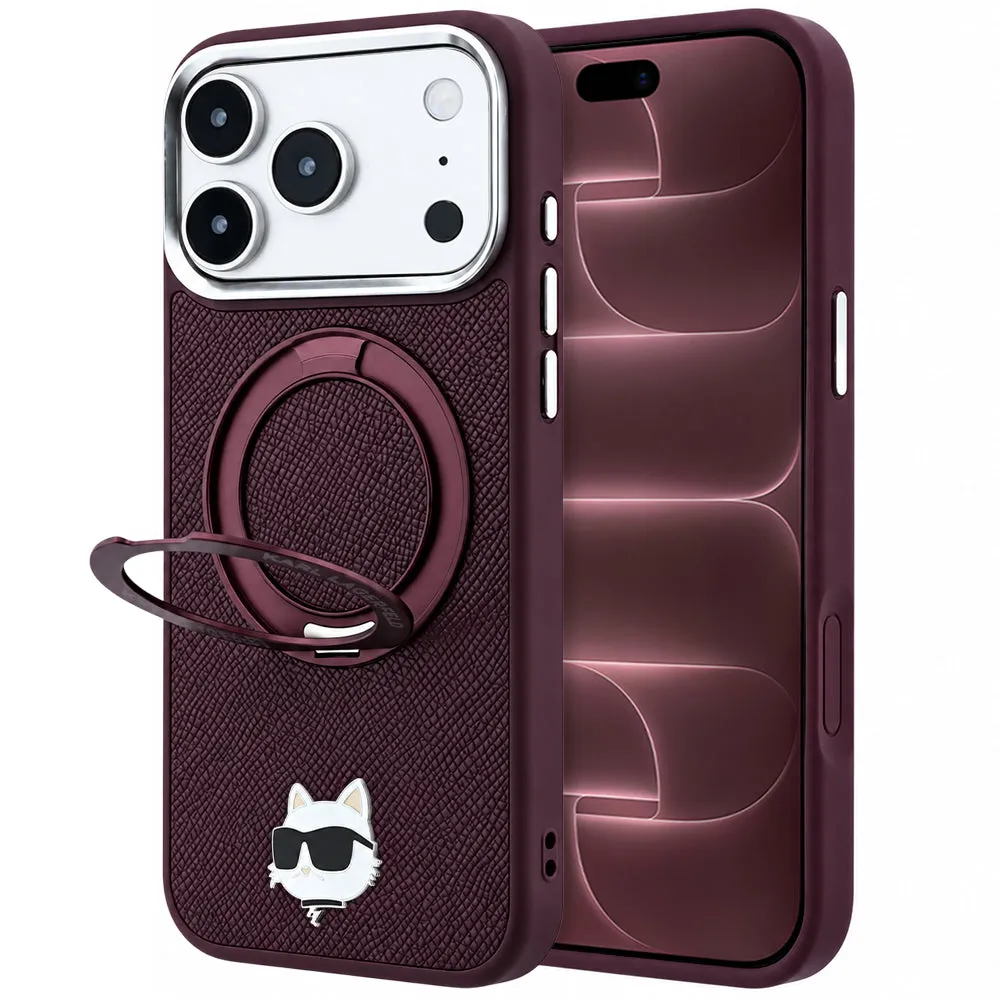Custodia MagSafe per Apple iPhone 18 Pro Max / 17 Pro Max, Karl Lagerfeld, Saffiano Ring Stand 360 Choupette Pin, Vinaccia - immagine 1