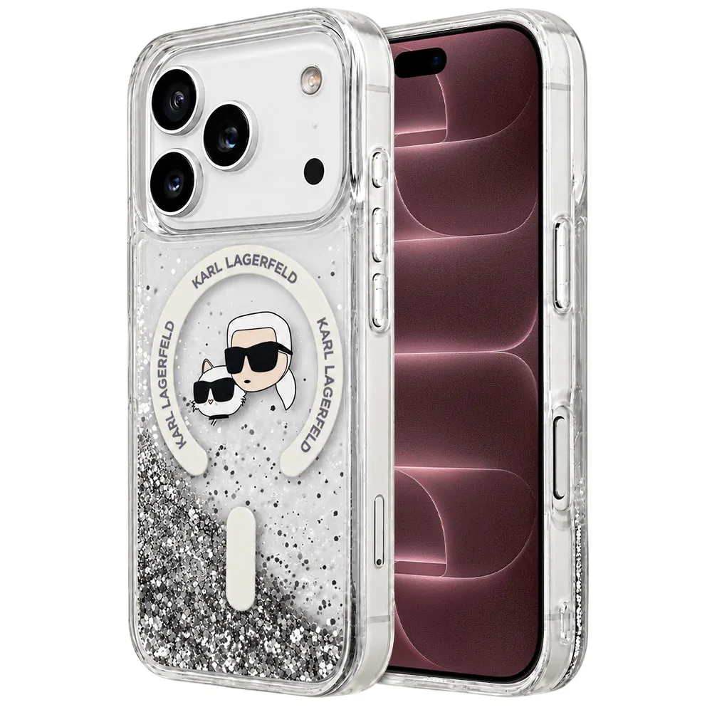 Custodia MagSafe per Apple iPhone 18 Pro Max / 17 Pro Max, Karl Lagerfeld, Liquid Glitter Karl & Choupette Head's, Trasparente - immagine 1