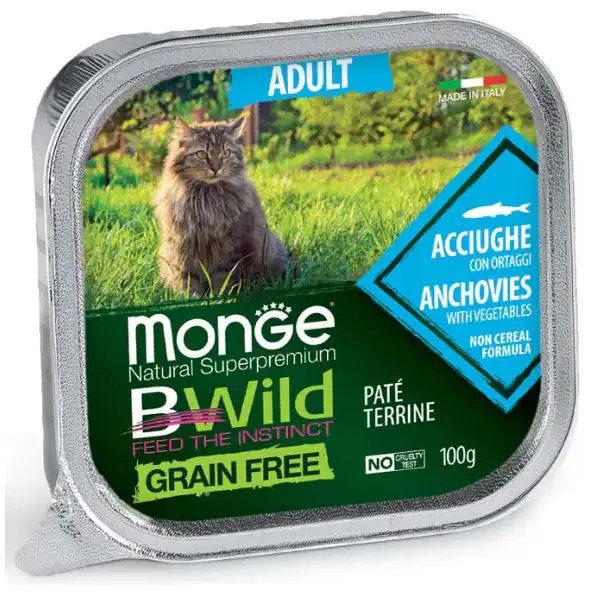 Monge Natural Super Premium Bwild Grain Free Cat 100 gr Acciughe con ortaggi - confezione da 6 pezzi - Cibo umido per gatti - immagine 1