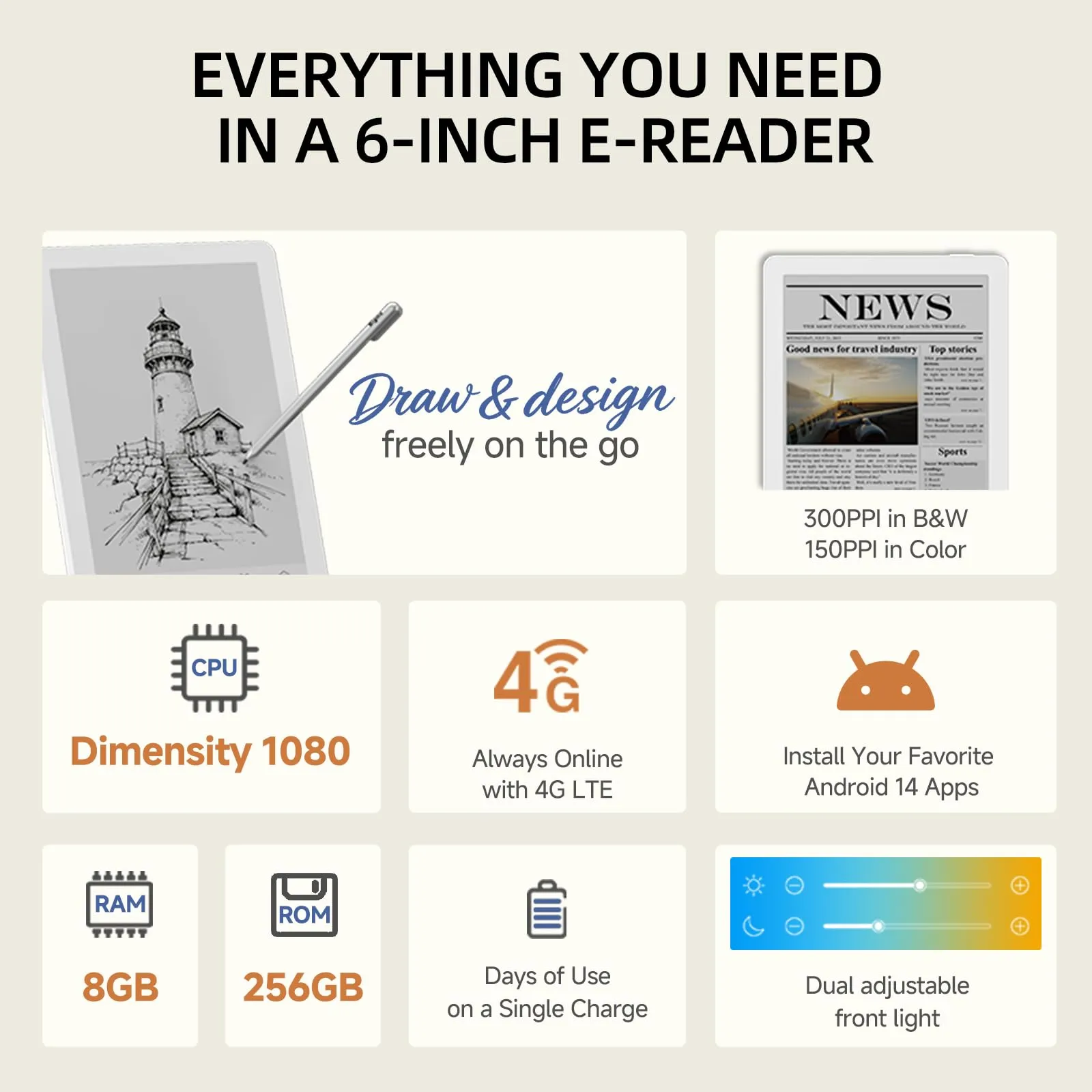 Bigme B6 Pro Color Lettore E-Book, Lettore E-Book a 6 Pollici con E-Ink, 8GB+256GB, Supporto alla Scrittura a Mano, Tablet con E-Paper con Android 14, Lettore E-Book Android con 75 FPS - immagine 2
